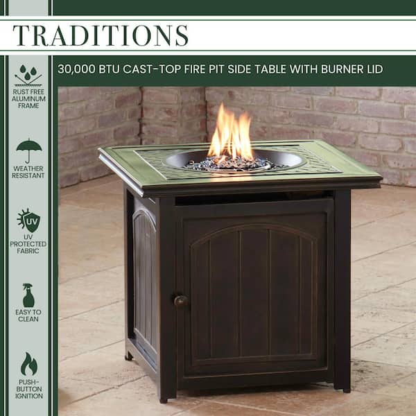 Traditions 26 in. Square Aluminum Outdoor Side Table with Fire Pit and Burner Lid