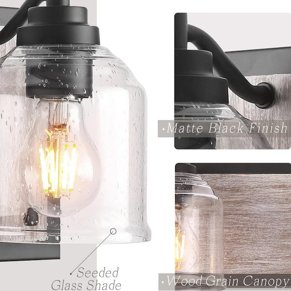 Modern 23 in. 3-Lights Black Bathroom Vanity Light, Farmhouse Wood Grain Wall Sconce with Clear Seeded Glass Shades