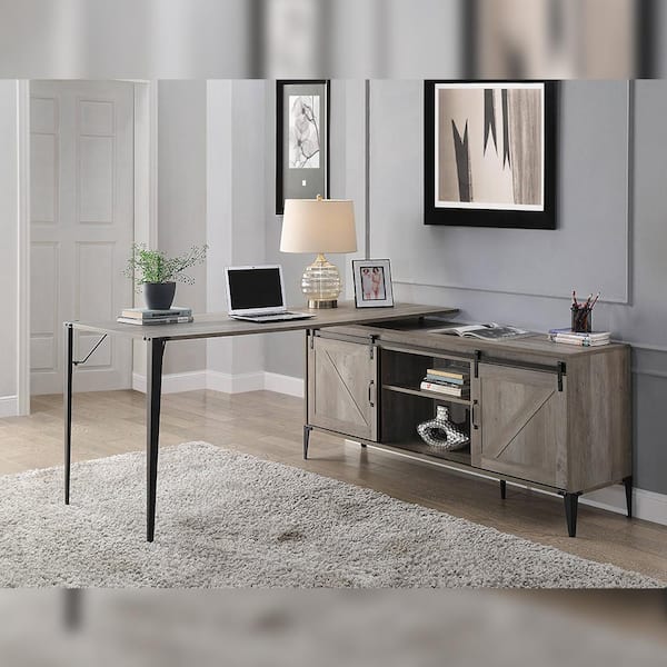 Zakwani 65 in. L-Shaped Gray Oak and Black Finish Wood Writing Desk with Shelves