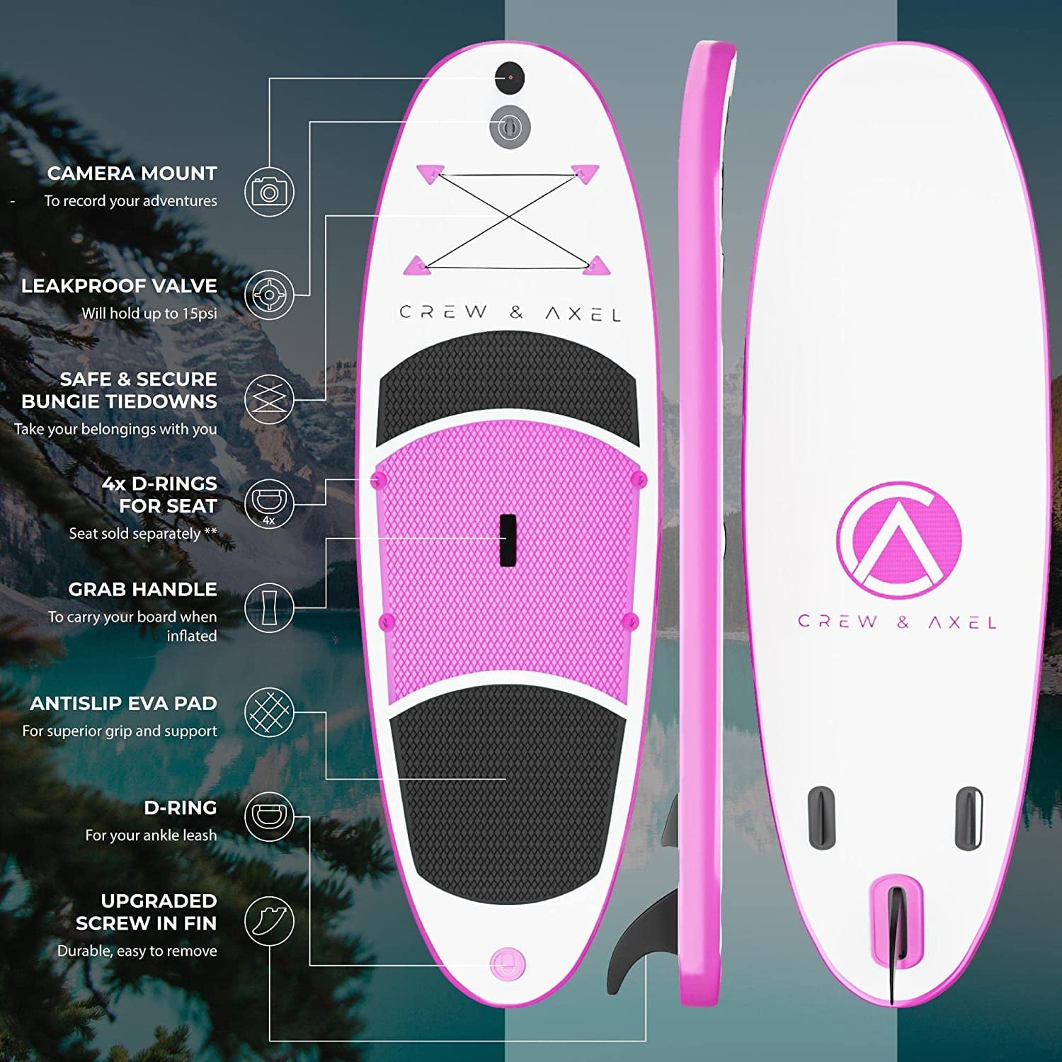 Crew Axel Inflatable Paddle Board 10336 Extra Wide & Lightweight (18lb) Paddle Board  Premium SUP Set Includes 2 Bags, Floating Paddle, Camera Mount, 3 Fins, Dual Pump Kit