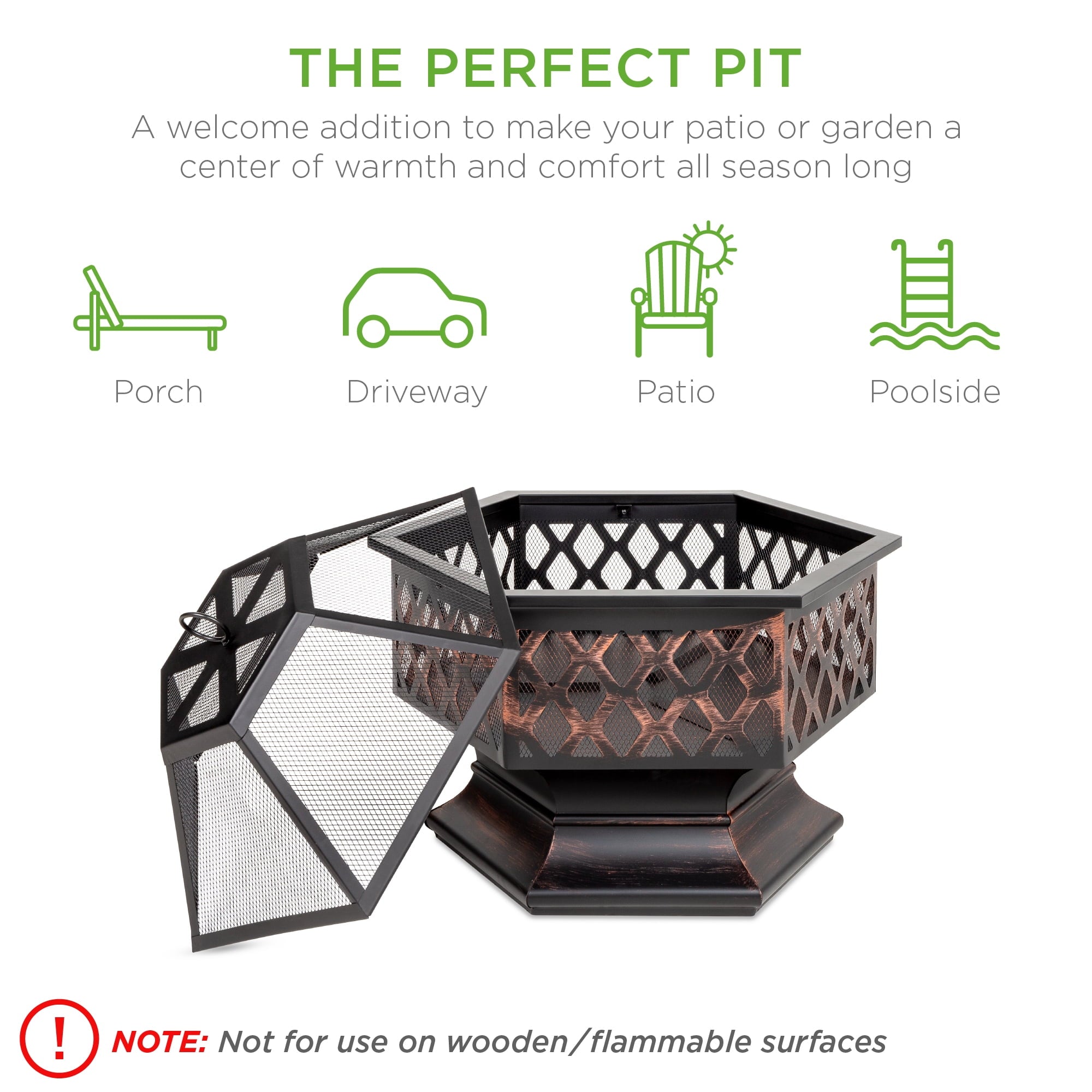 22in Hex-Shaped Steel Fire Pit for Garden, Backyard, Poolside w/ Flame-Retardant Mesh Lid