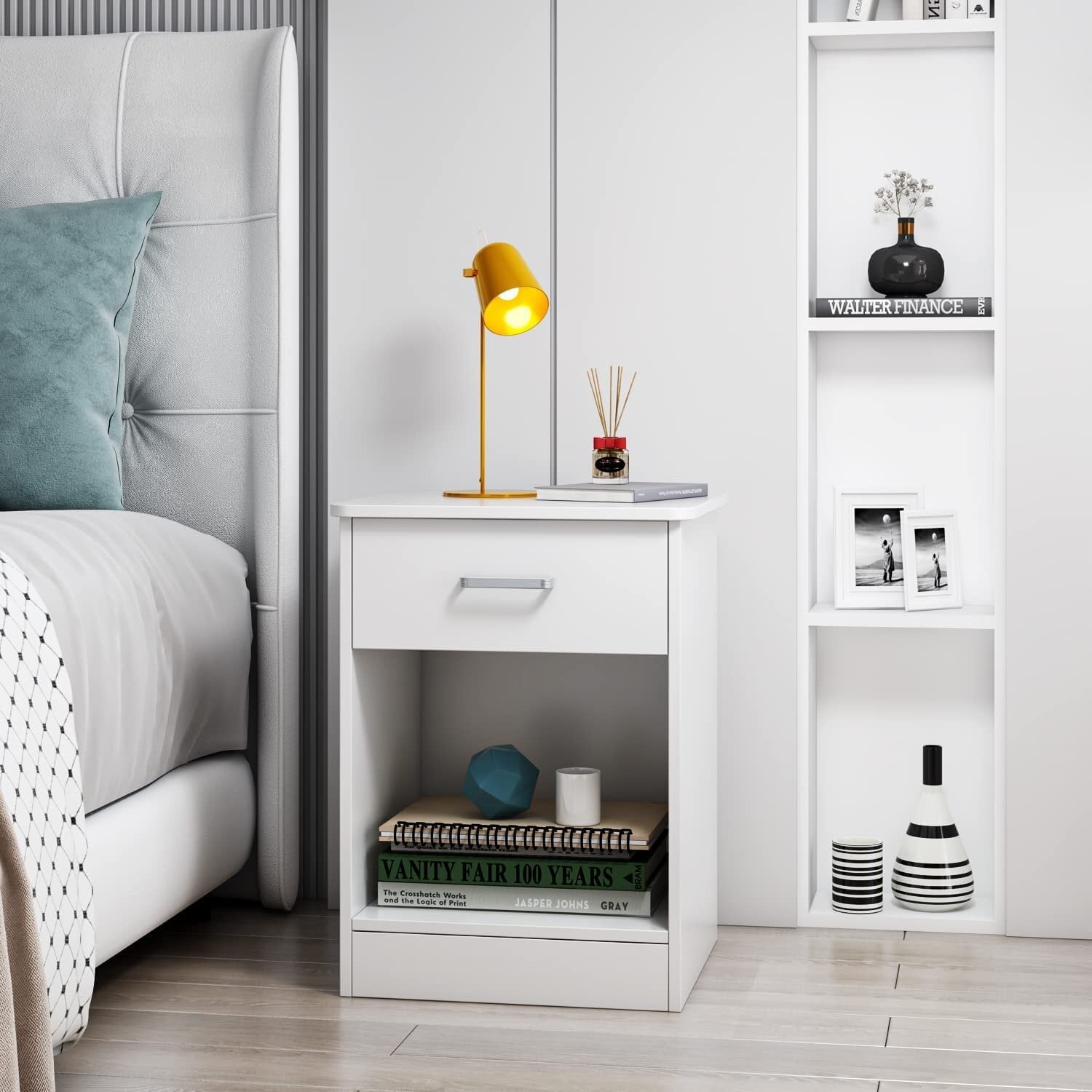 Homfa Nightstand with Drawer and Storage Shelf, Small Beside End Table for Bedroom, Sofa Side Table for Living Room, White Finish