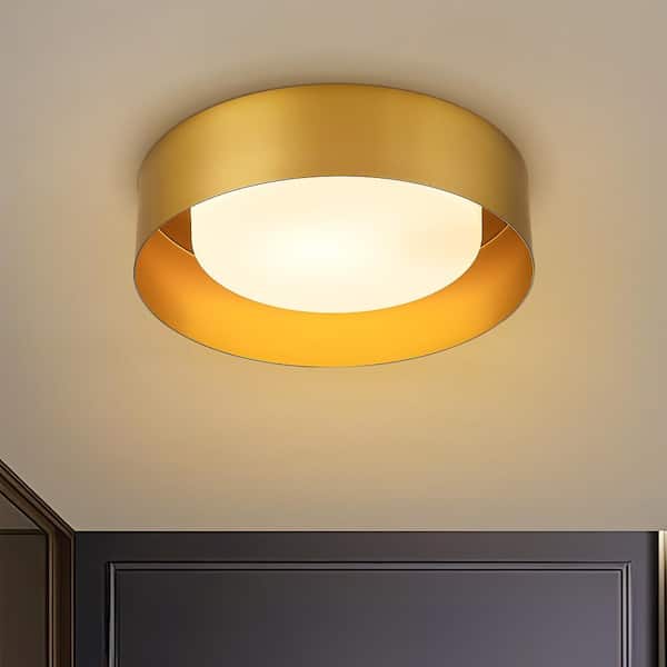 13.8 in. 1-Light Gold Flush Mount with Frosted Glass Shade