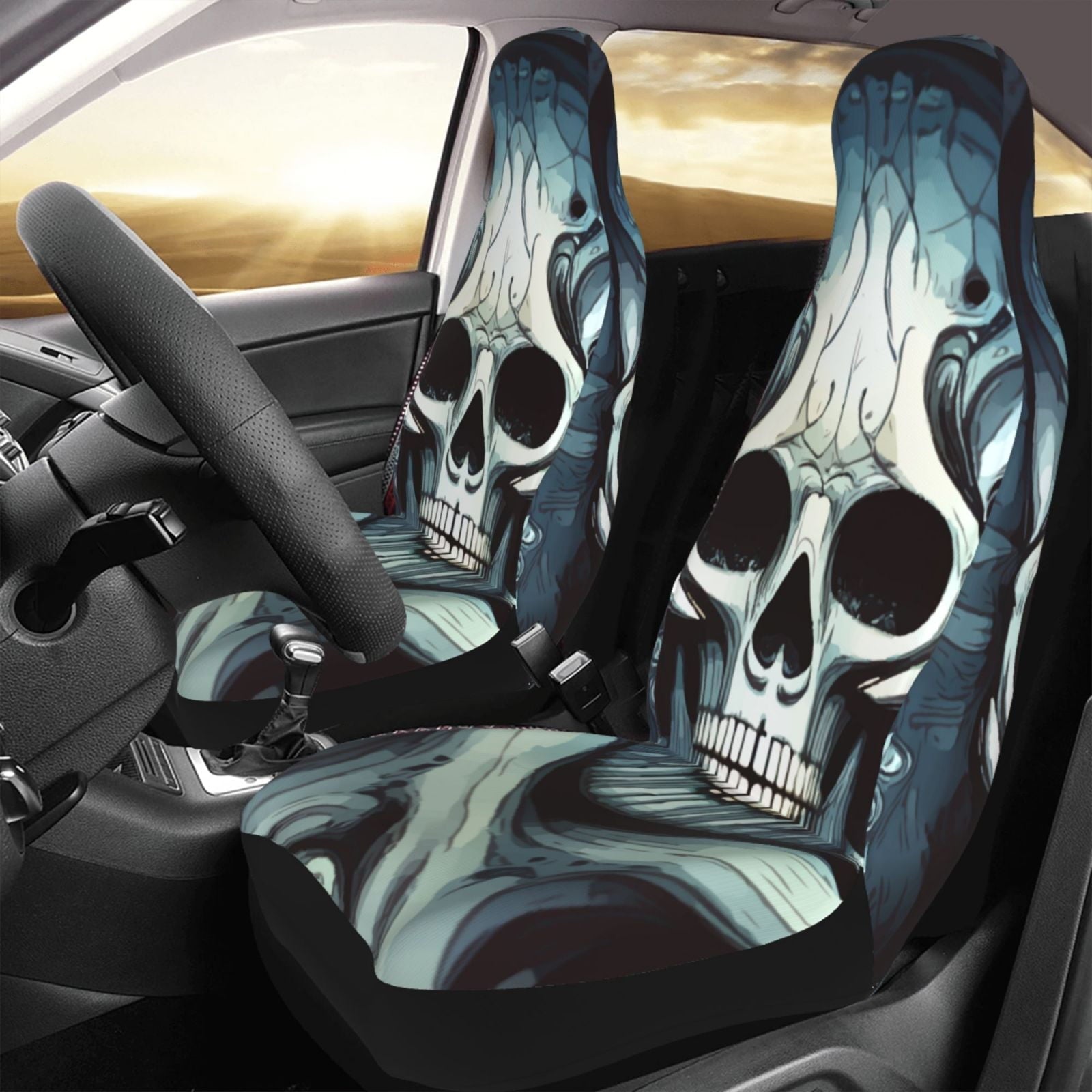 TEQUAN Front Seat Covers, Gothic Death Skull Carving Pattern 2 Piece Car Seat Cover Fit Most Car SUV Truck Van