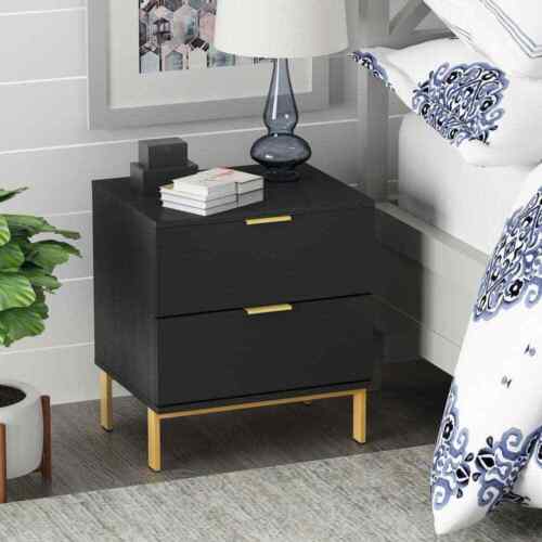 Wooden Nightstand Bedside Table With 4 Metal Legs 2-Drawer Black