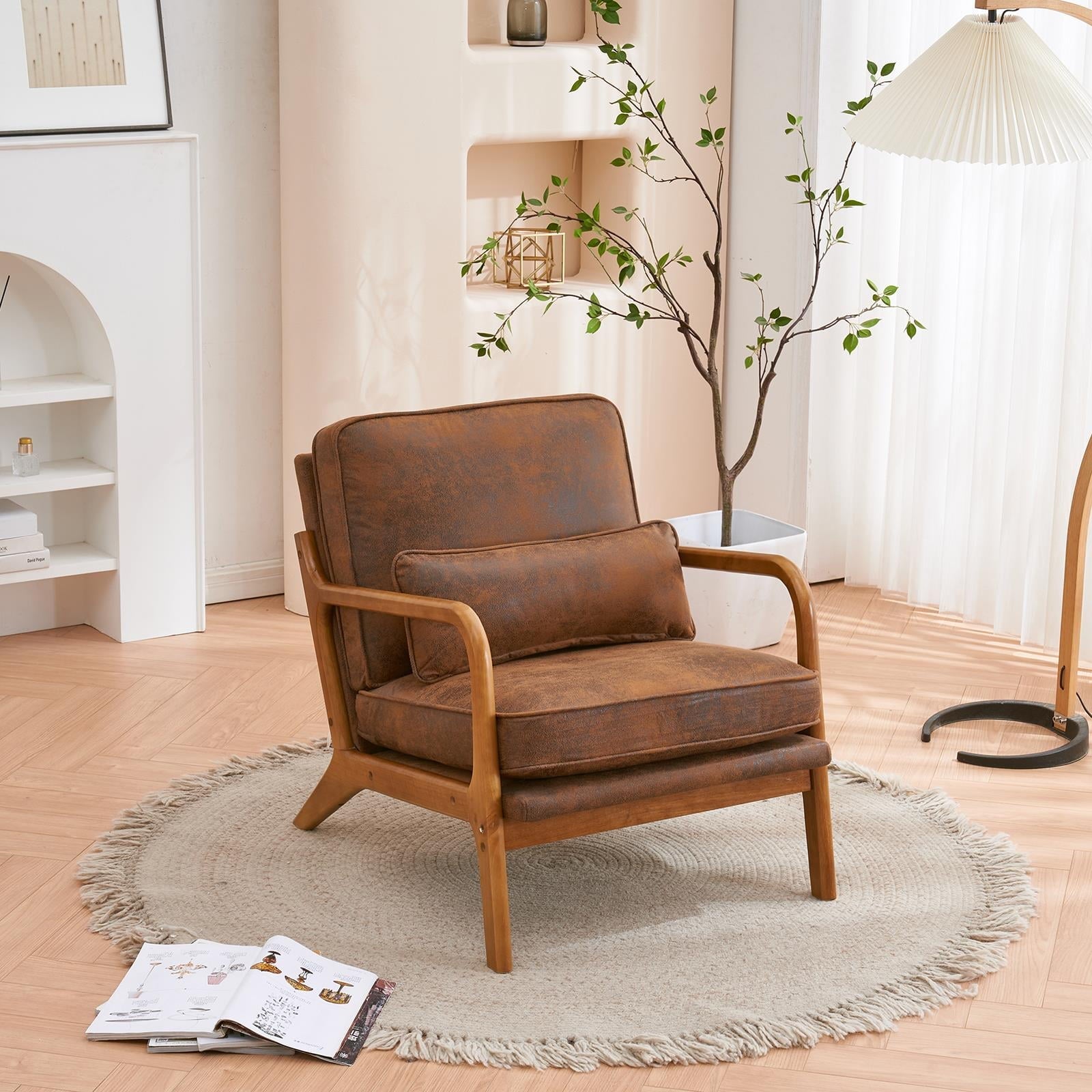UBesGoo Modern Wood Club Chair Bronzing Cloth Fabric Upholstered Reading Accent Chair with Solid Wood Frame Brown