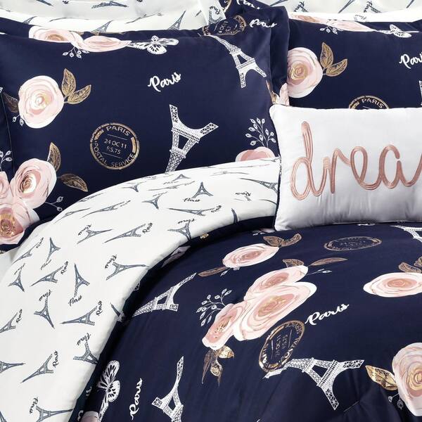 Vintage Navy Paris Rose Butterfly Script Quilt Twin/Twin XL Set (4-Piece)