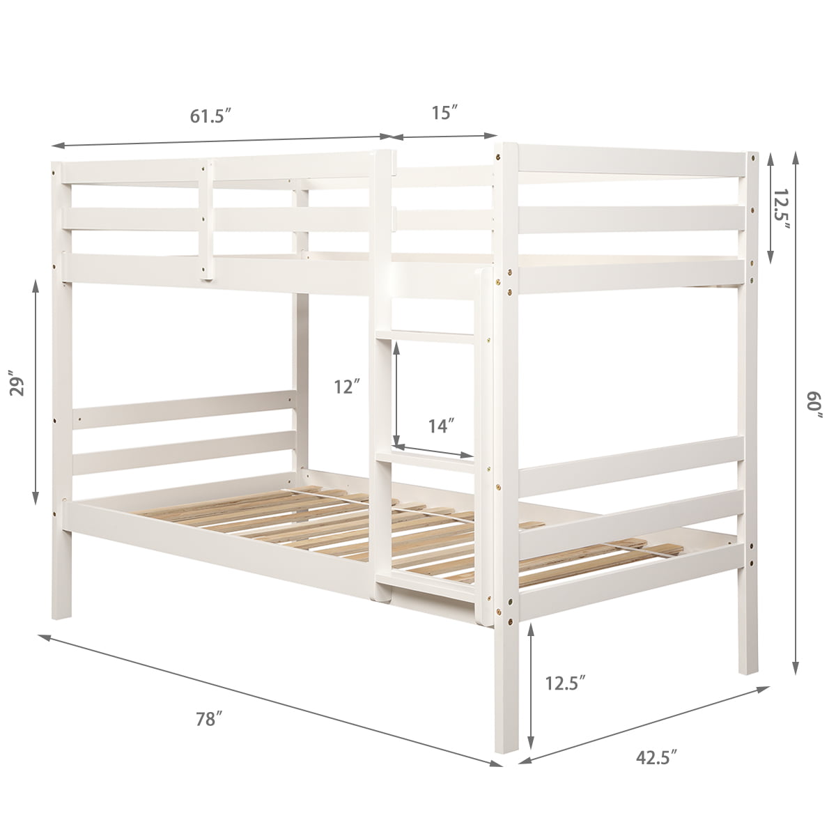 Costway Twin Over Twin Wood Bunk Beds Ladder Safety Rail White