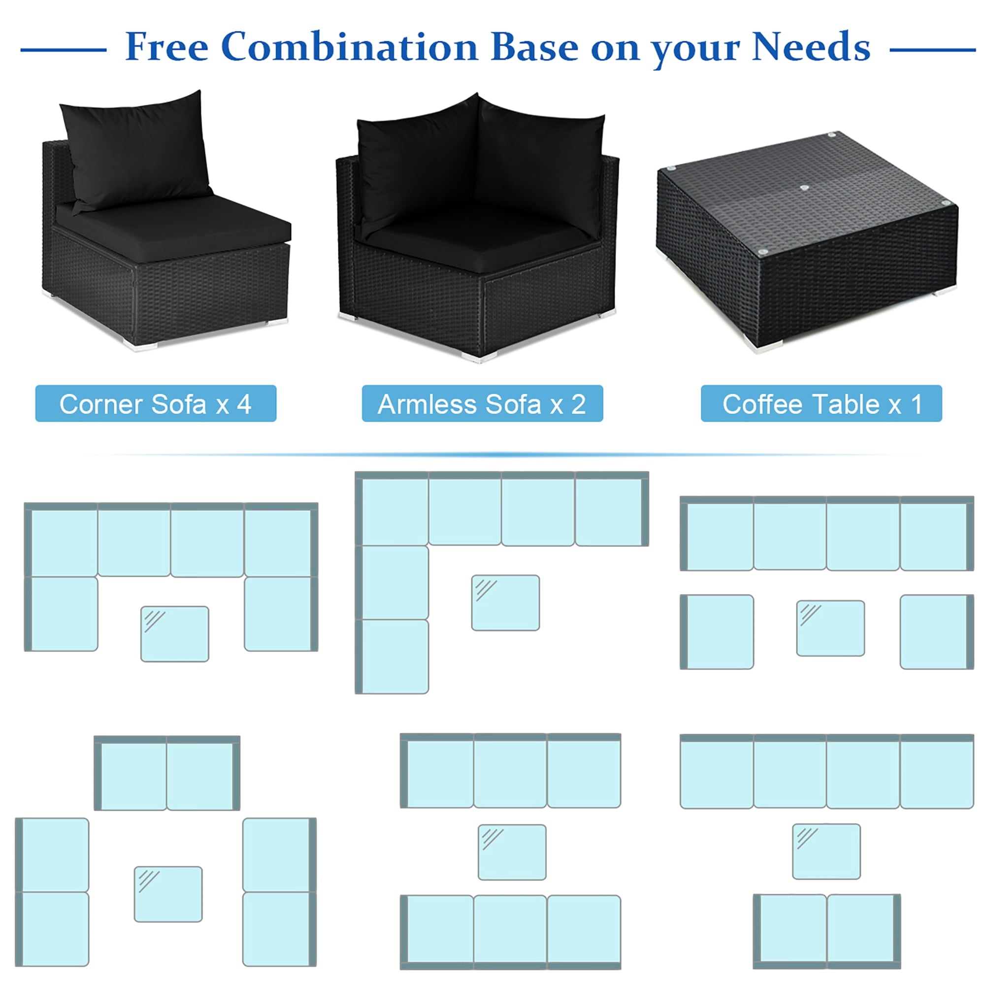 Costway 7PCS Patio Rattan Sofa Set Sectional Conversation Furniture Set Garden Black