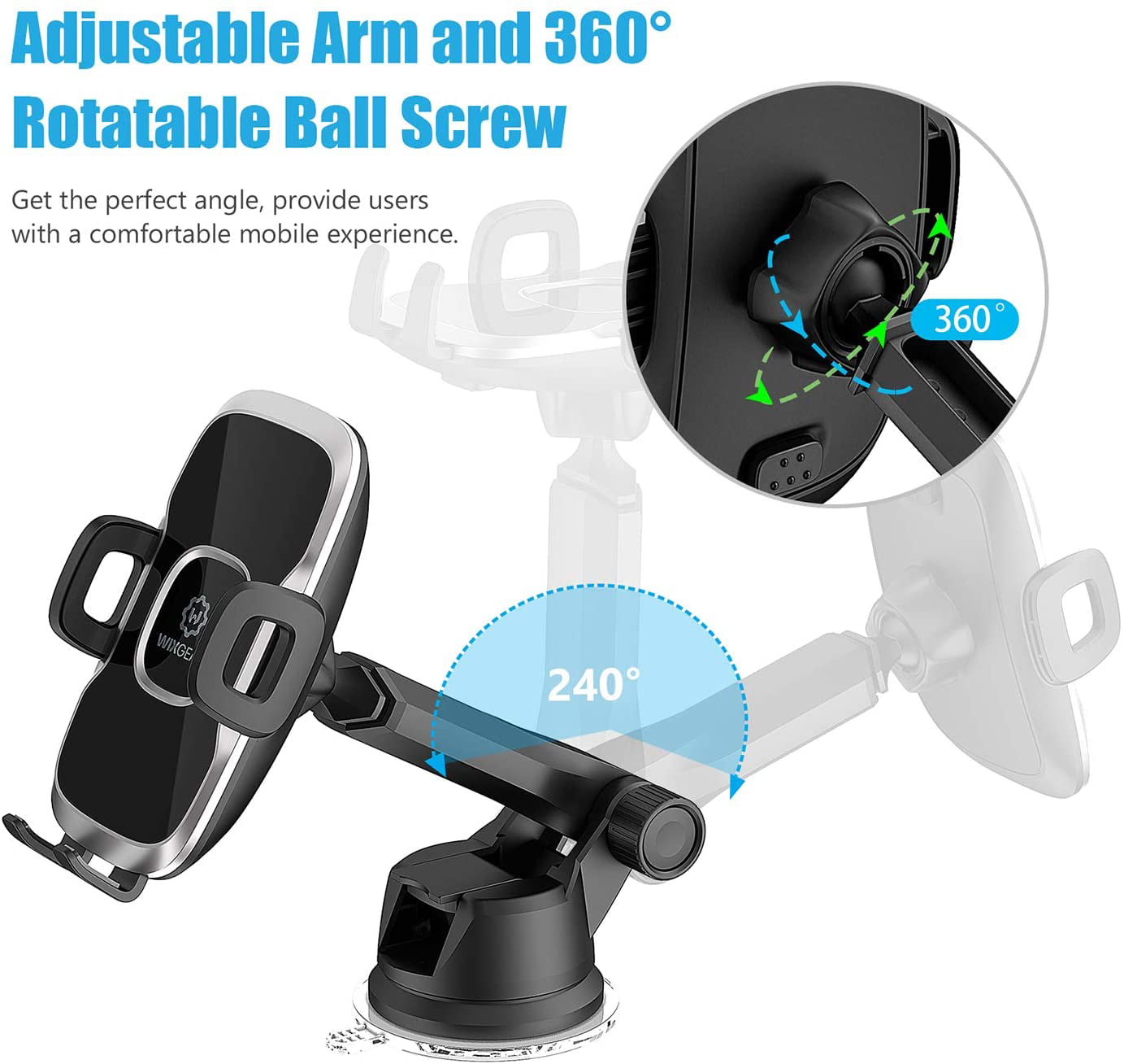 WixGear Phone Holder for Car, Universal Dashboard Windshield Phone Car Suction Cup Mount Holder for Cell Phone 360 Degree Rotation Compatible with iPhone Xs/XS Max / 8/7 / 6, Galaxy S and Mo