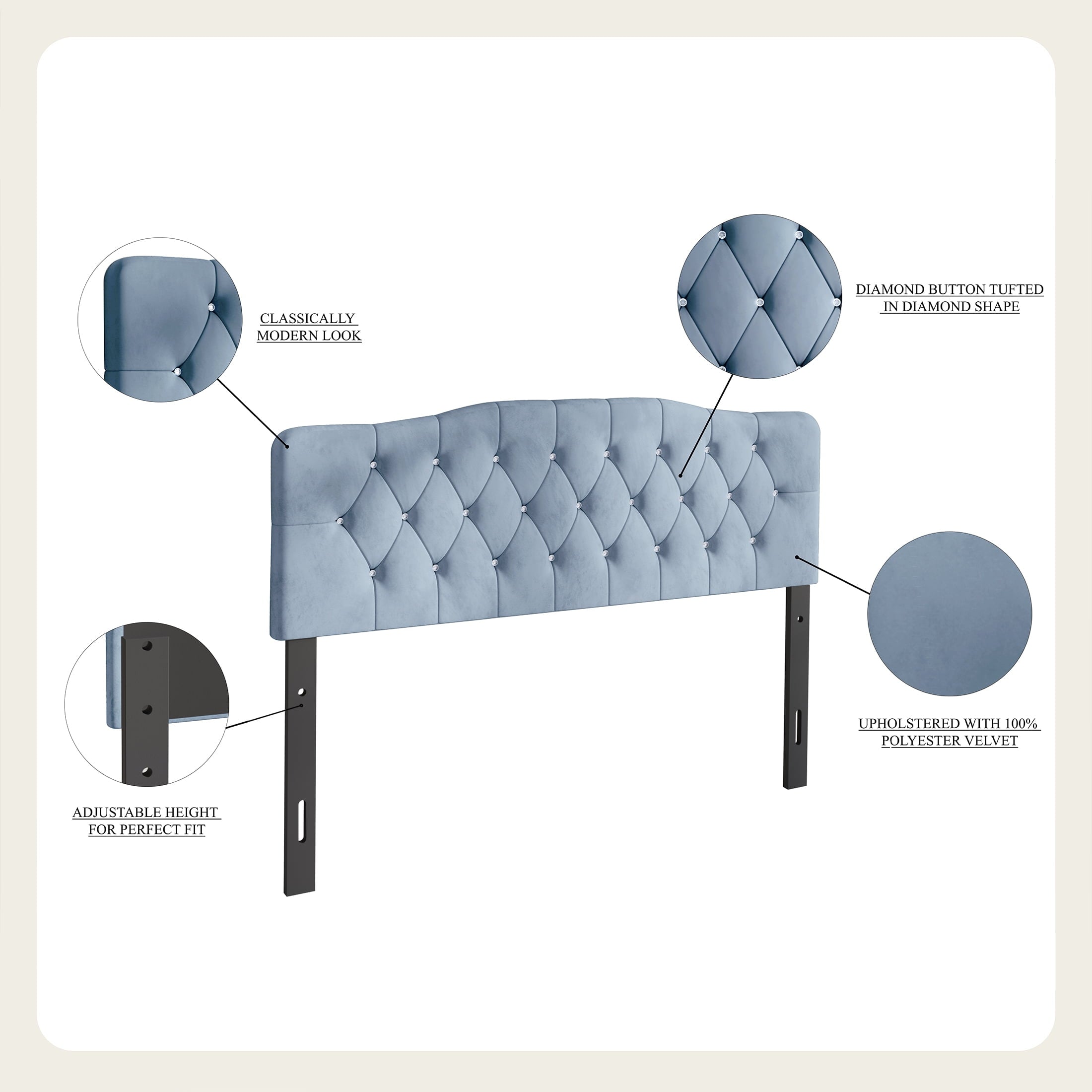 Castle Place Upholstered Tufted Headboard, Light Blue Velvet, Queen