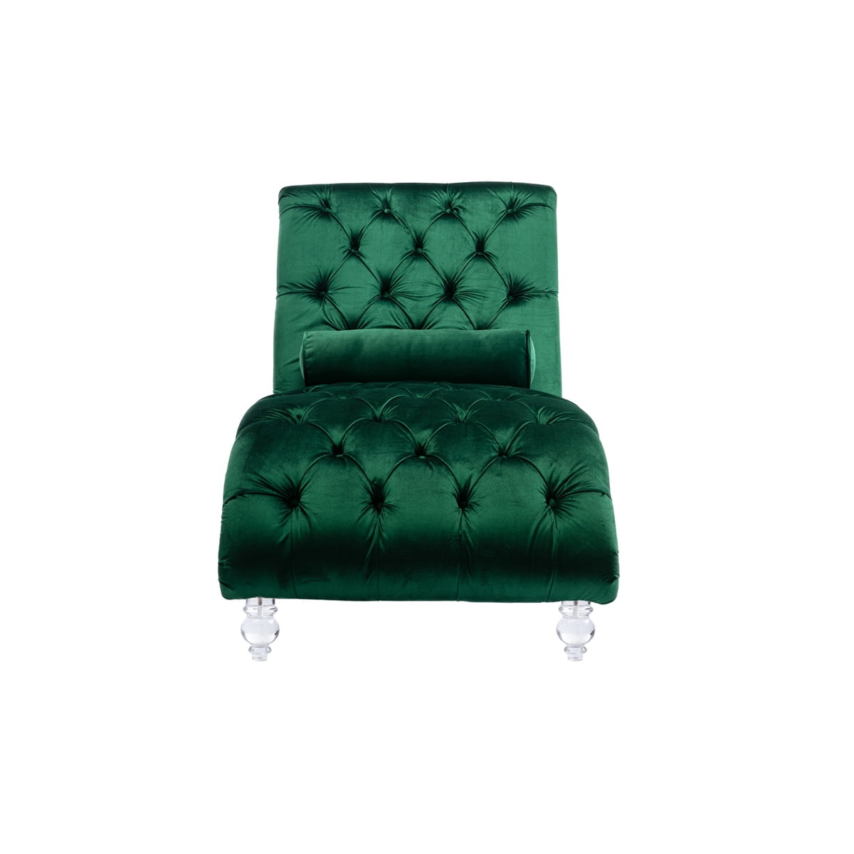63.38'' Velvet Accent Sofa, Modern Long Lounger Leisure Concubine Sofa with Acrylic Feet & Lumbar Pillow, Chaise Reclining Lounger Barrel Sofa for Office or Living Room, Emerald