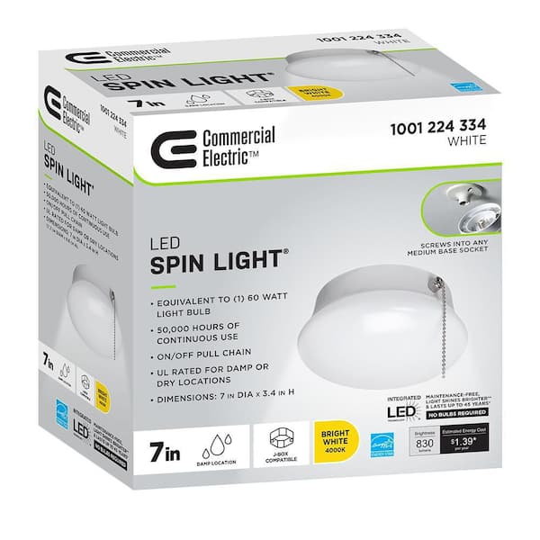 Spin Light 7 in. Closet Light with Pull Chain LED Flush Mount Ceiling Light 830 Lumens 4000K Bright White Basement Light