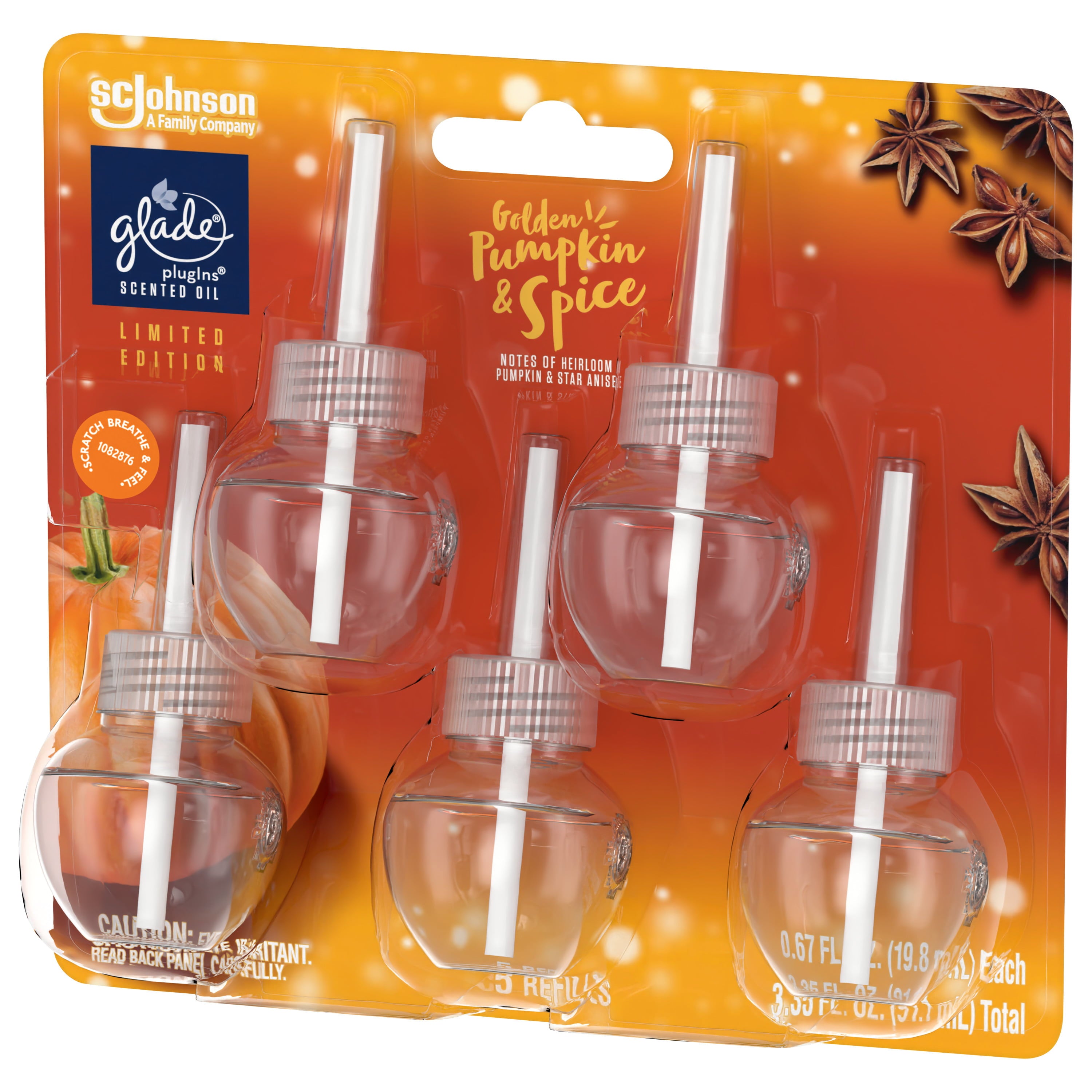 Glade PlugIns Scented Oil, Air Freshener, 5 Refills, Golden Pumpkin & Spice, 0.67 oz Each, 3.35 oz Total