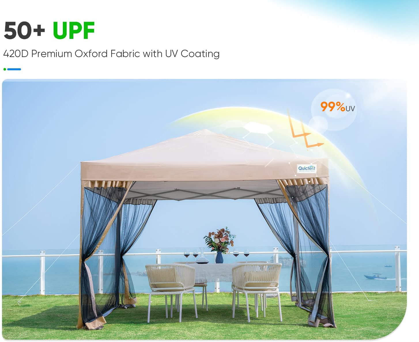 Quictent 6.6x6.6 Pop up Canopy Tent with Mosquito Netting Sreen House Room Tent Screened Roller Bag Included (Tan)
