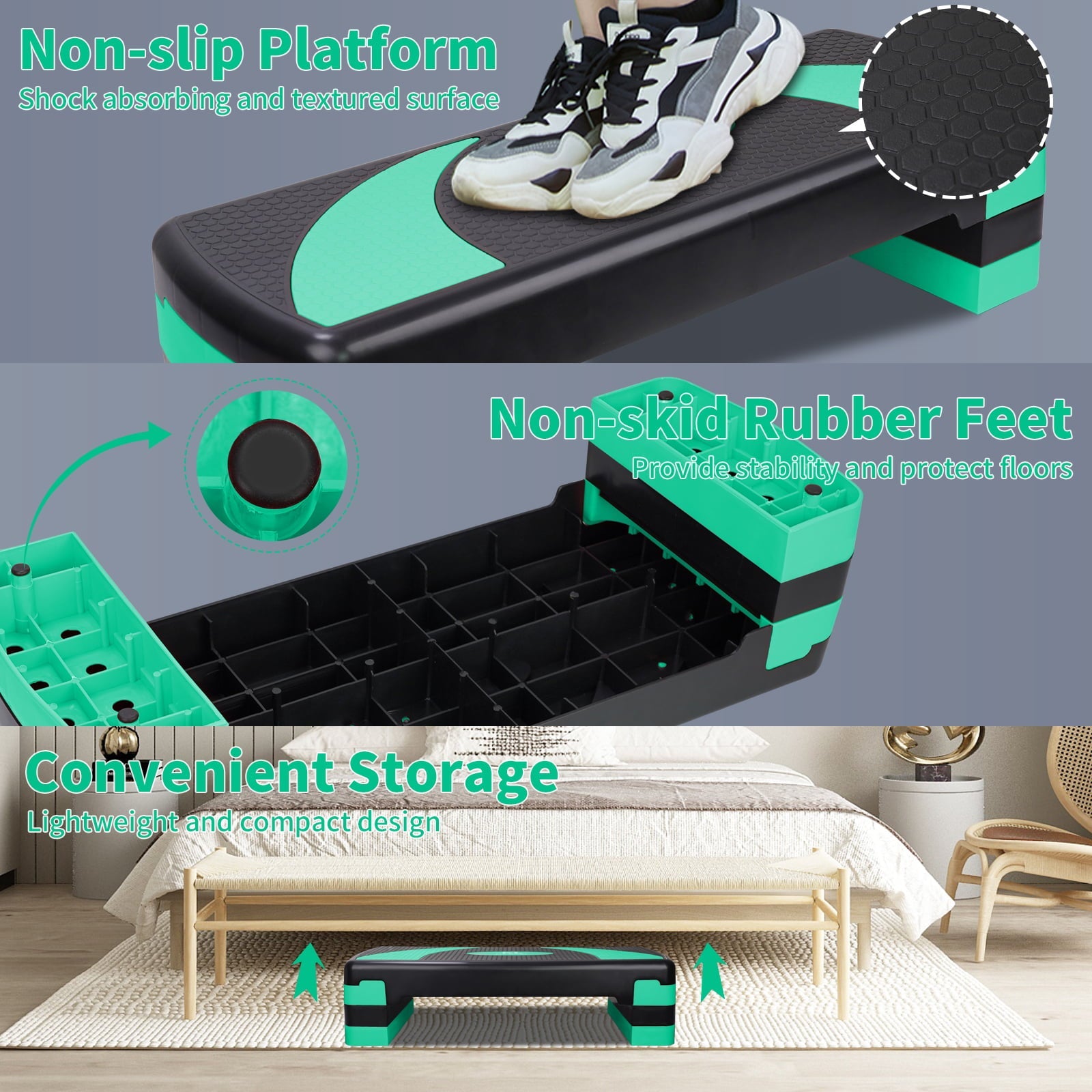 HooKung 31in Aerobic Step Platform with 4 Risers Adjustable Exercise Fitness Workout Stepper,Black and Green