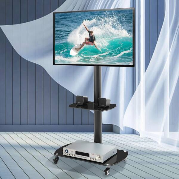 Adjustable Angle Black Adjustable Height TV Mounts TV Stand with 2-Tier Shelf and Wheel