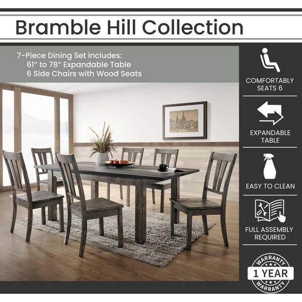 Bramble Hill 7-Piece Weathered Gray Dining Set with Expandable Table and 6-Wood-Seat Side Chairs