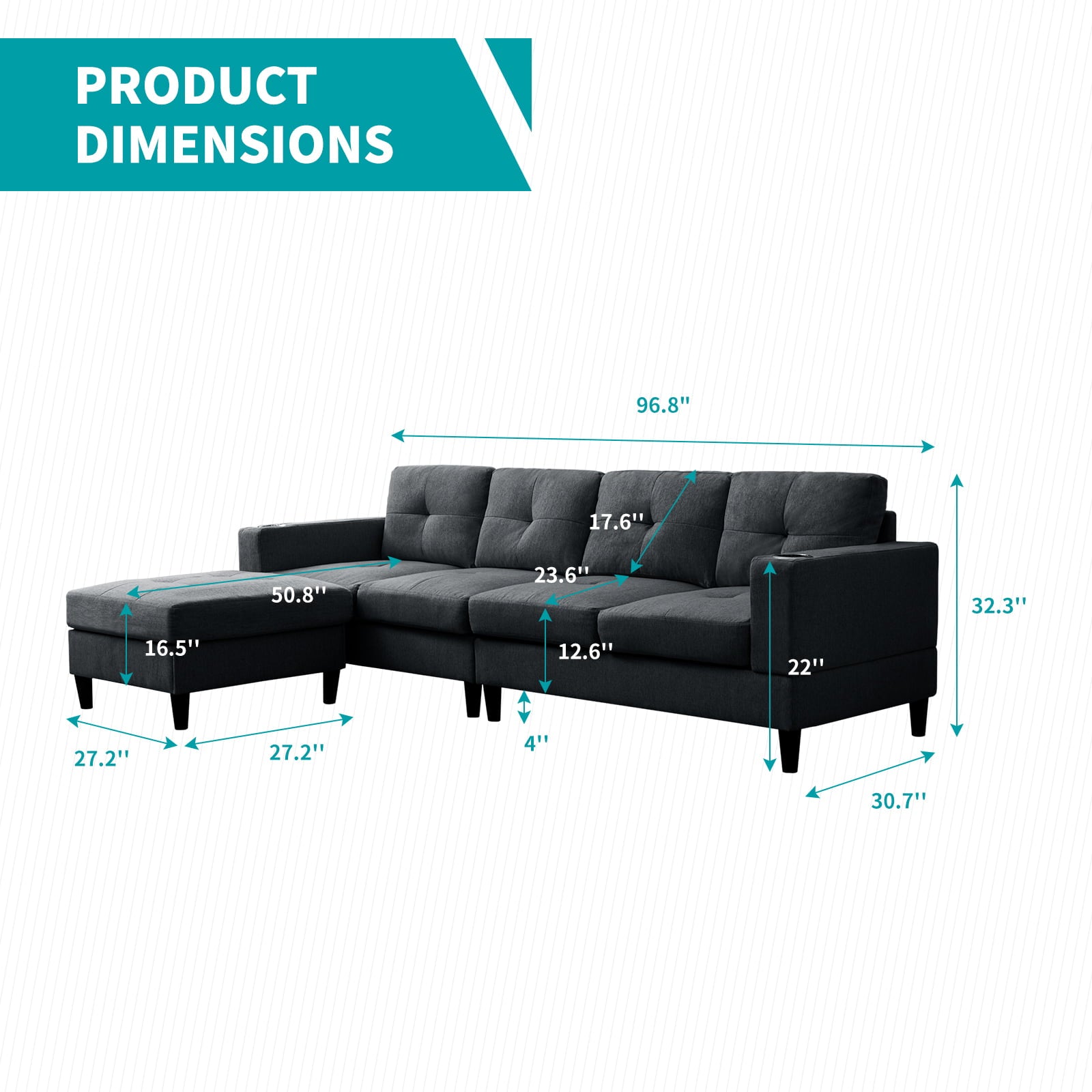 Mjkone Reversible Sectional Sofa, 4 Seat L-Shape Sofa Couches for Living Room, Convertible Sectional Couch with Reversible Chaise, Modular Sectional Couch with 2 Cup Holders for Apartment, Dark Grey