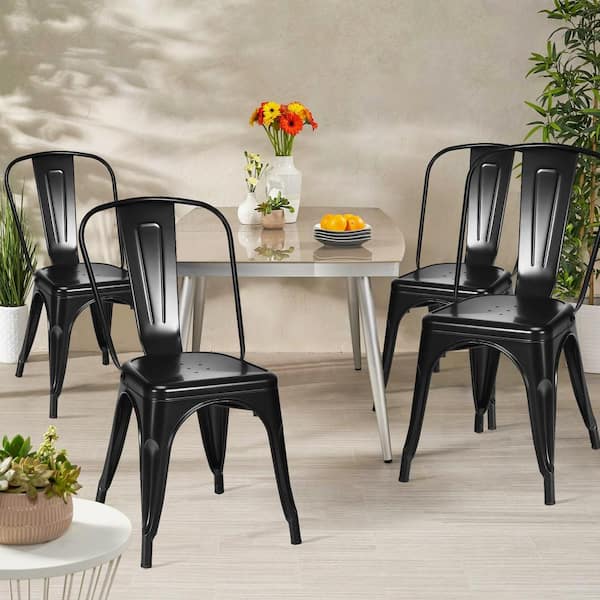 Black Stackable Metal Dining Side Chairs Bar Stool with Ergonomic Backrest (Set of 4)