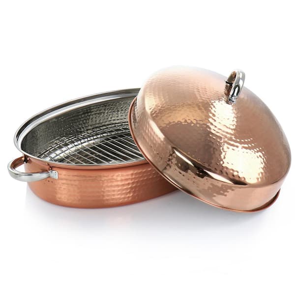 Radiance 17.5 in. 12 qt. Stainless Steel Copper Plated Oval Roasting Pan with Lid and Roasting Rack
