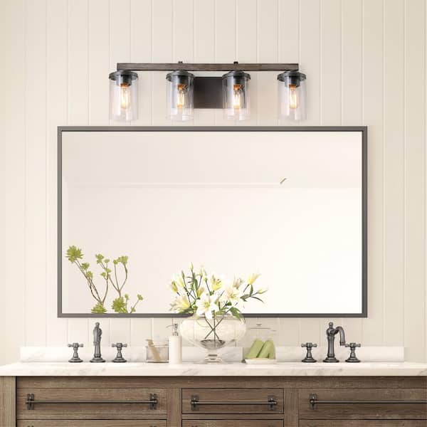 28 in. 4-Light Rust Black Farmhouse Bathroom Vanity Light with Brushed Faux Wood/Gray Accents and Clear Glass Shades