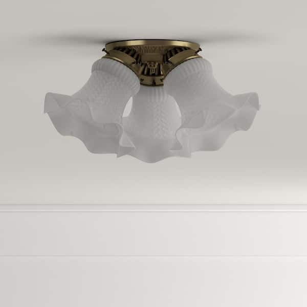 3-Light Ceiling Fixture Antique Brass Interior Flush-Mount with Frosted Ruffled Edge Glass