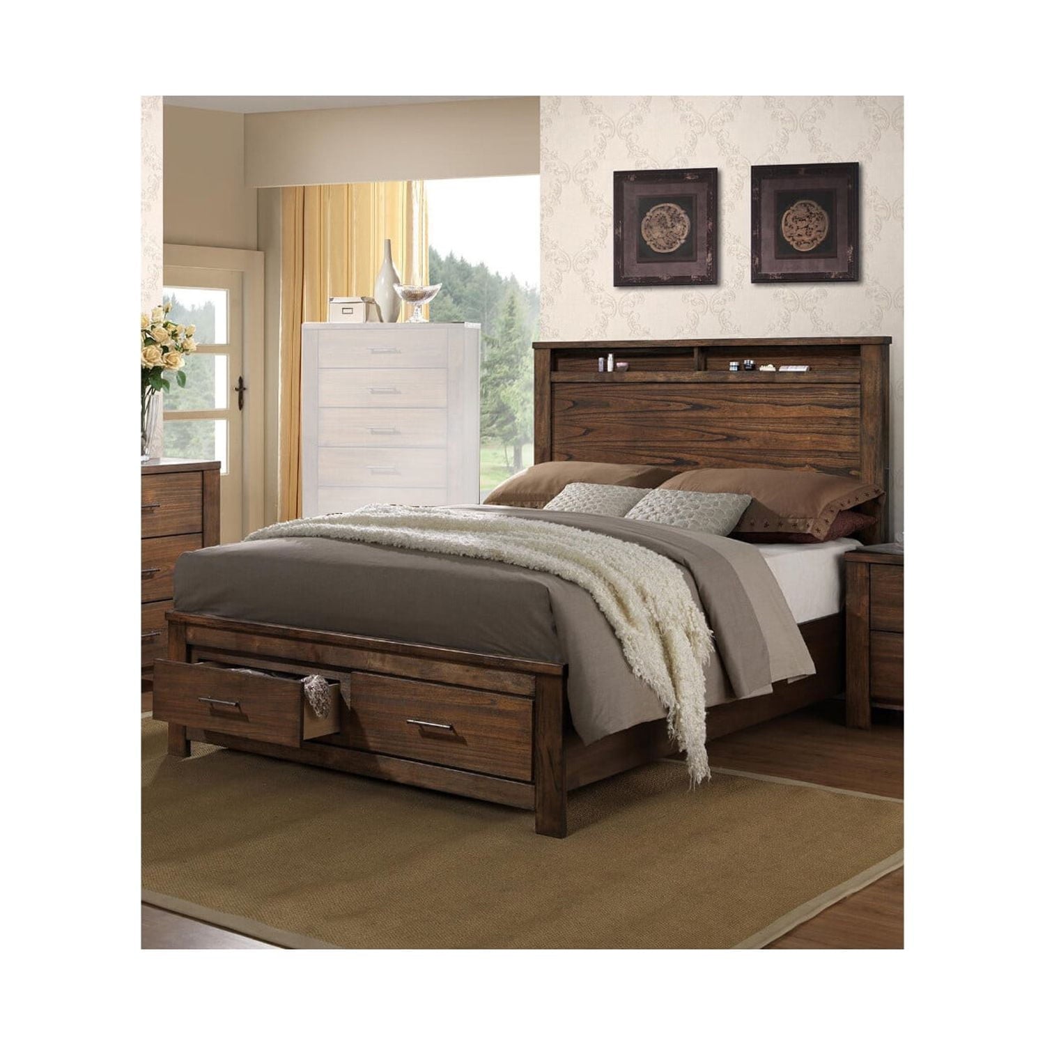 Enchanting Wooden C.King Bed With Display And Storage Drawers, Oak Finish