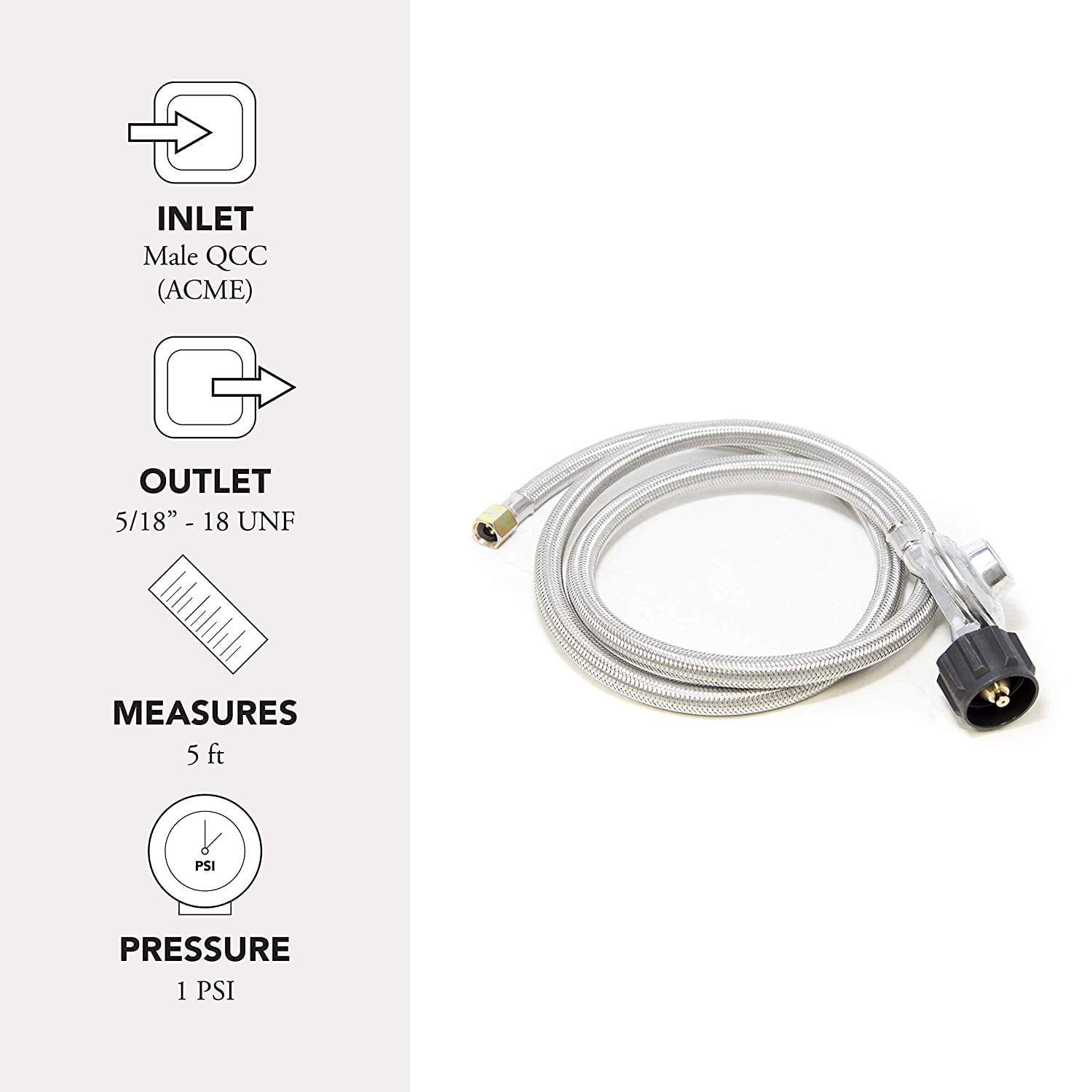 GasOne Propane Regulator 5 Feet Stainless Steel Hose with for Most LP Gas Grill, Heater and Fire Pit Table, 3/8