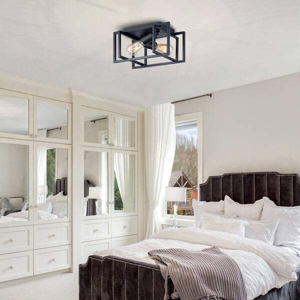 12 in. 2-Light Matte Black Open Geometric Frame Flush Mount