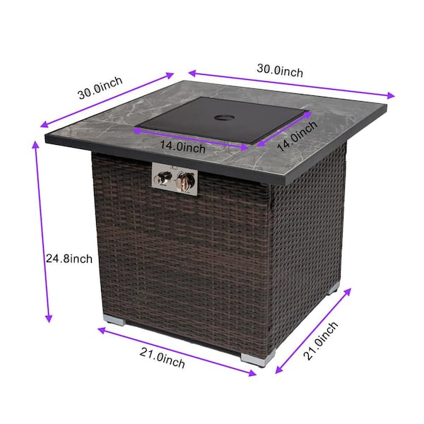 Brown Square Steel 30 in. 40000 BTU Propane Fire Pit Table with Glass Rocks and Rain Cover