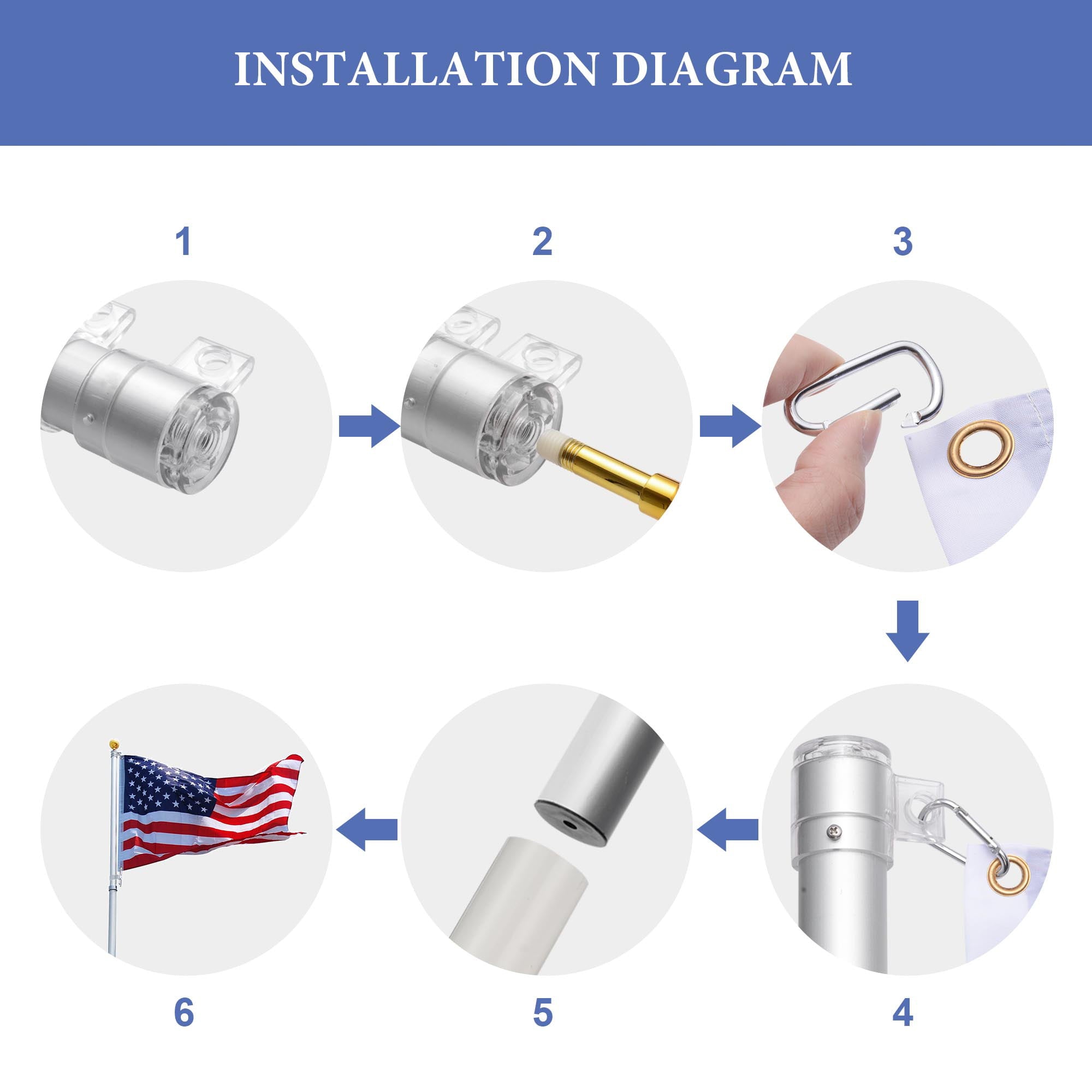 Yescom 20 Ft Telescopic Aluminum Flag Pole Free 3'x5' US Flag & Ball Top Kit 16 Gauge Telescoping Flagpole Fly 2 Flags