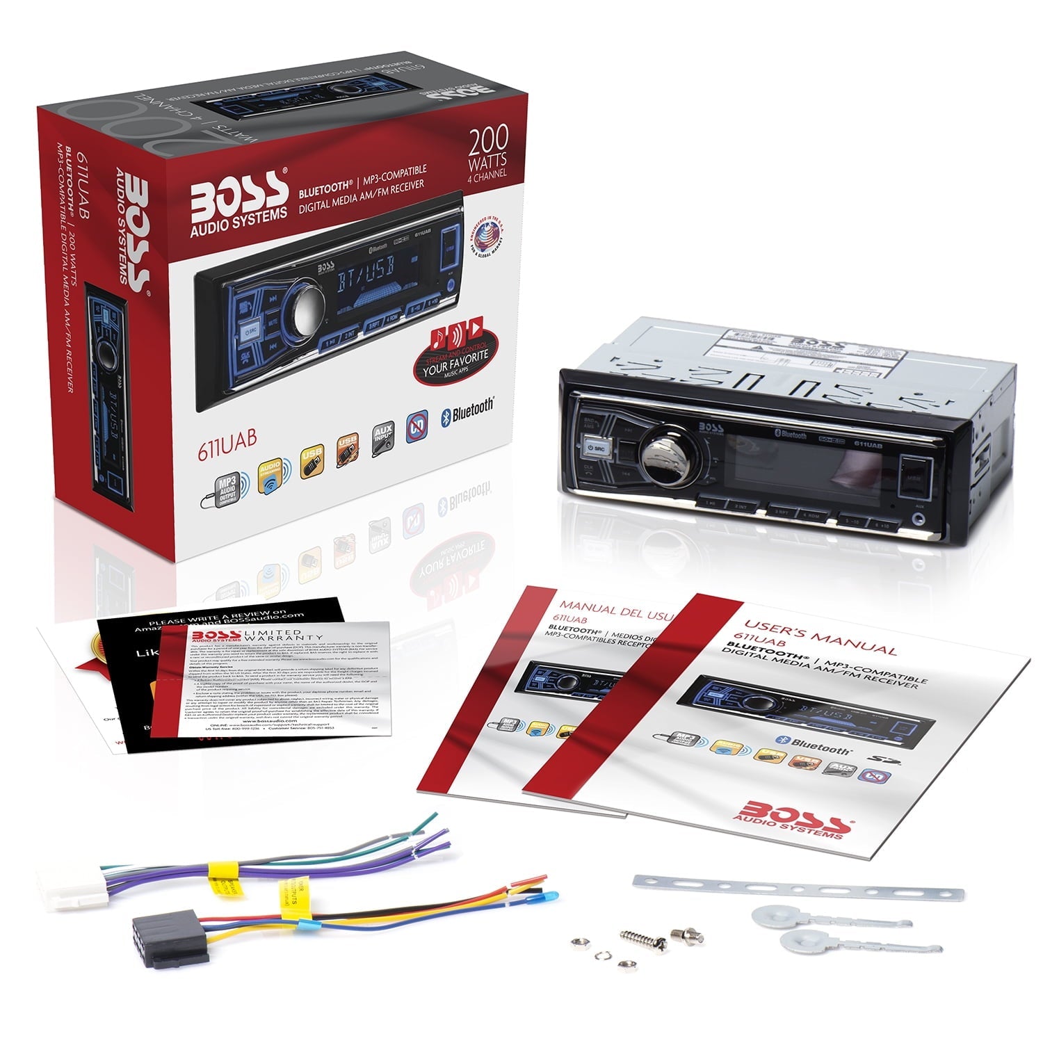 BOSS Audio Systems 611UAB Car Audio Stereo System - Single Din, Bluetooth Audio and Calling Head Unit, Aux Input, USB, Mechless, No CD/DVD Player, AM/FM Radio Receiver, Hook up to Amplifier
