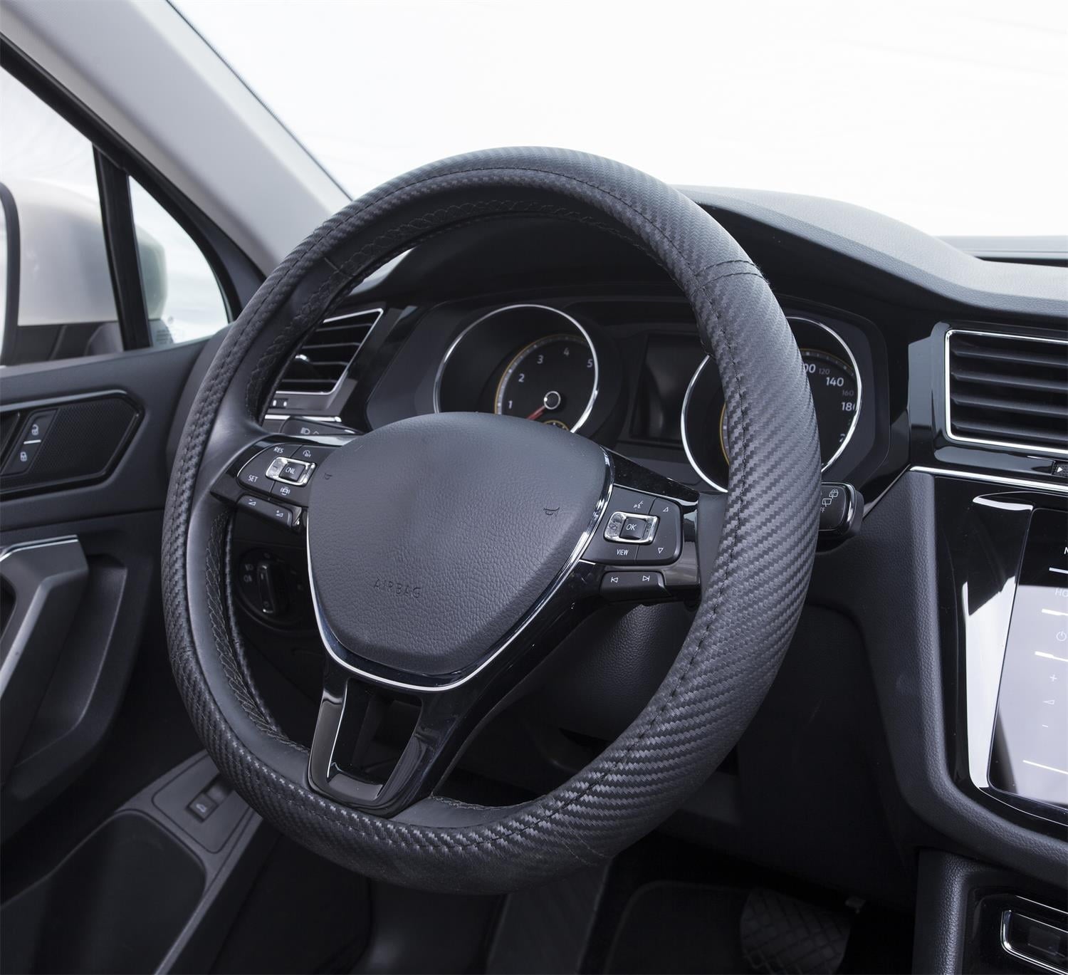 Auto Drive 1PC Steering Wheel Cover Carbon Fiber Black - Universal Fit