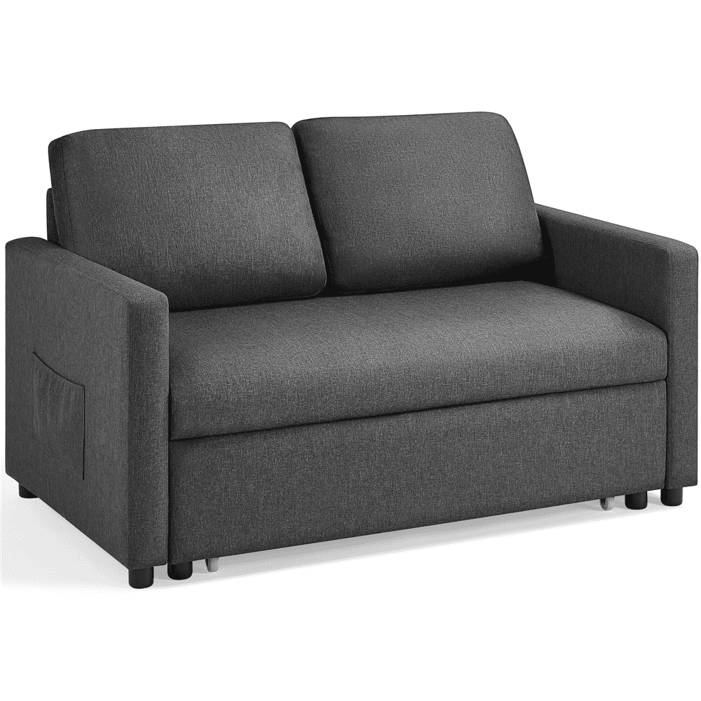 Alden Design Linen Loveseat Sofa with Pull-Out Trundle Bed, Dark Gray