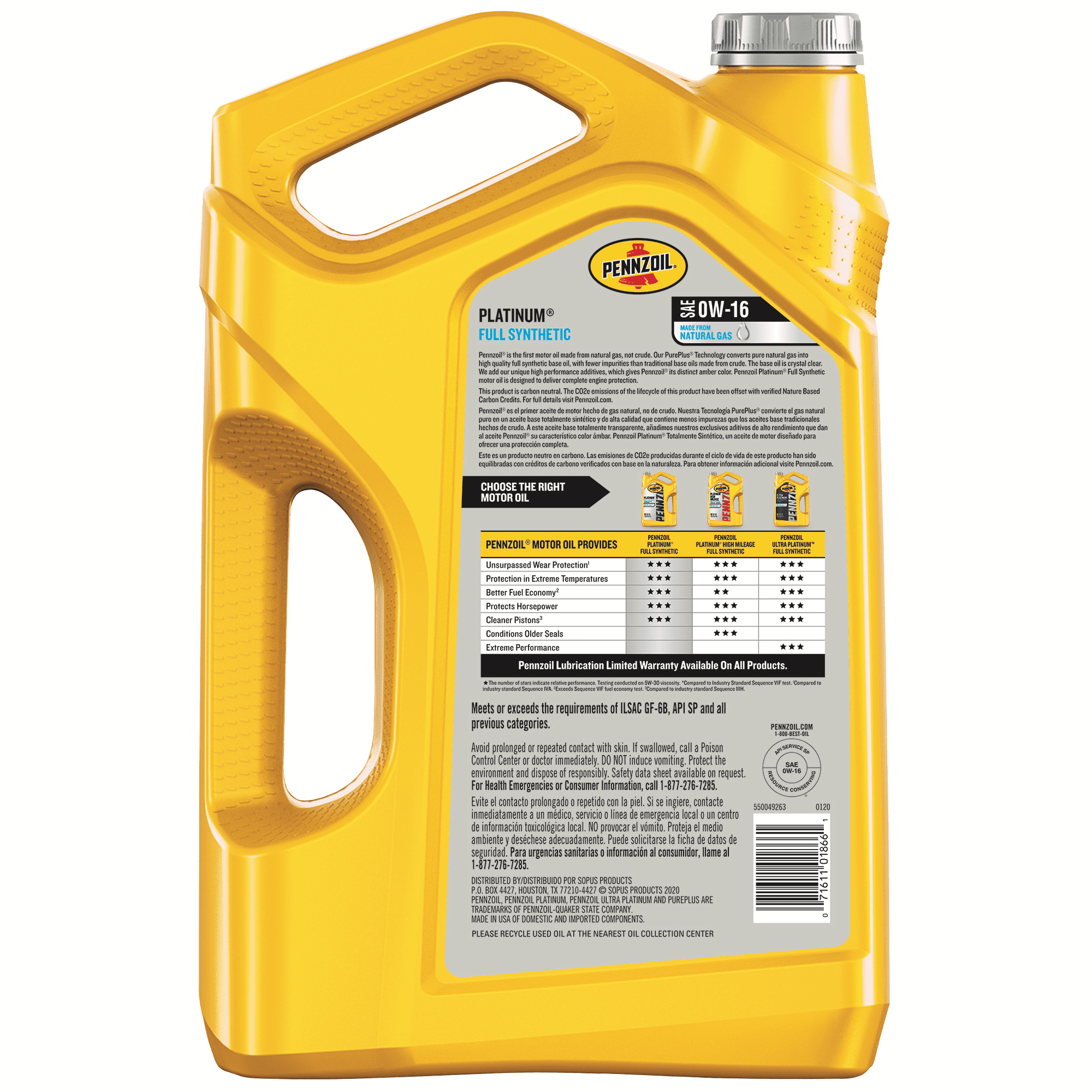Pennzoil Platinum Full Synthetic 0W-16 Motor Oil, 5-Quart