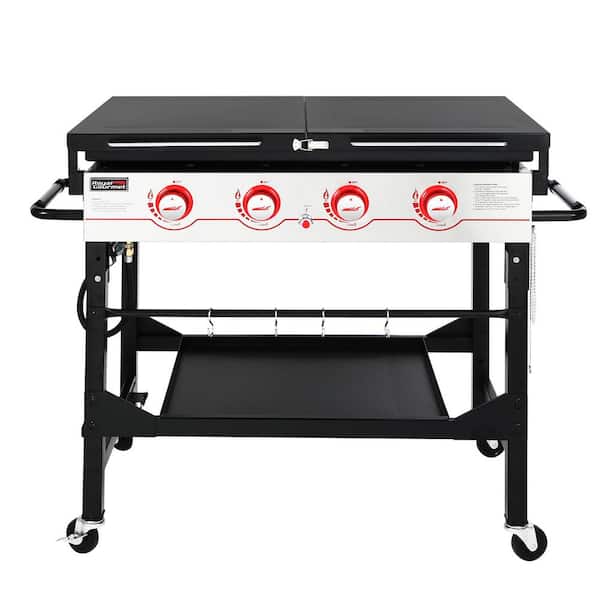 36 in. 4-Burner Propane BBQ Grill in Black Flat Top Gas Griddle with Top Cover Lid, for Large Outdoor Camping