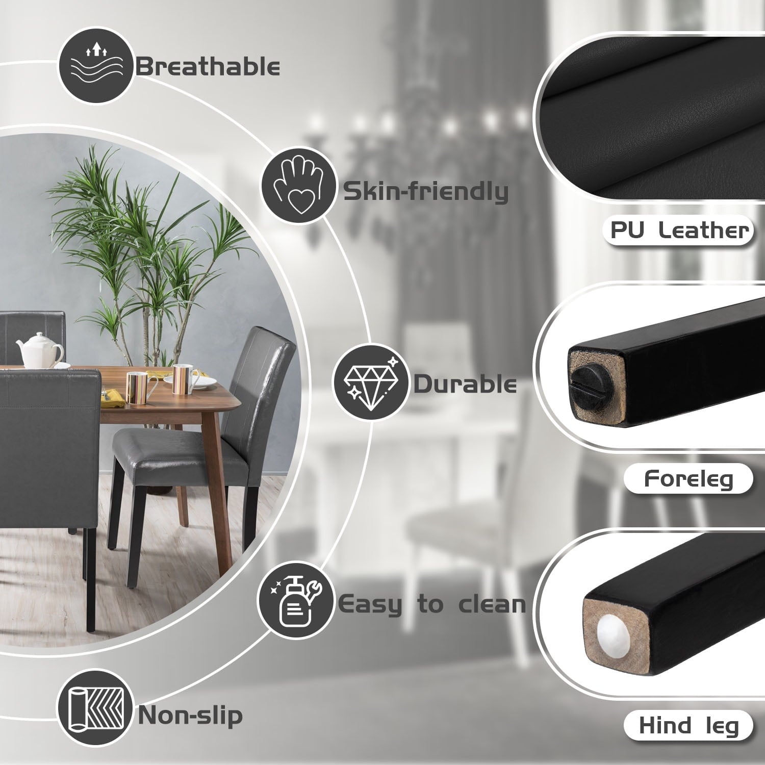 Lacoo Set of 4 Urban Style PU Leather Dining Chairs with Wood Legs, Black