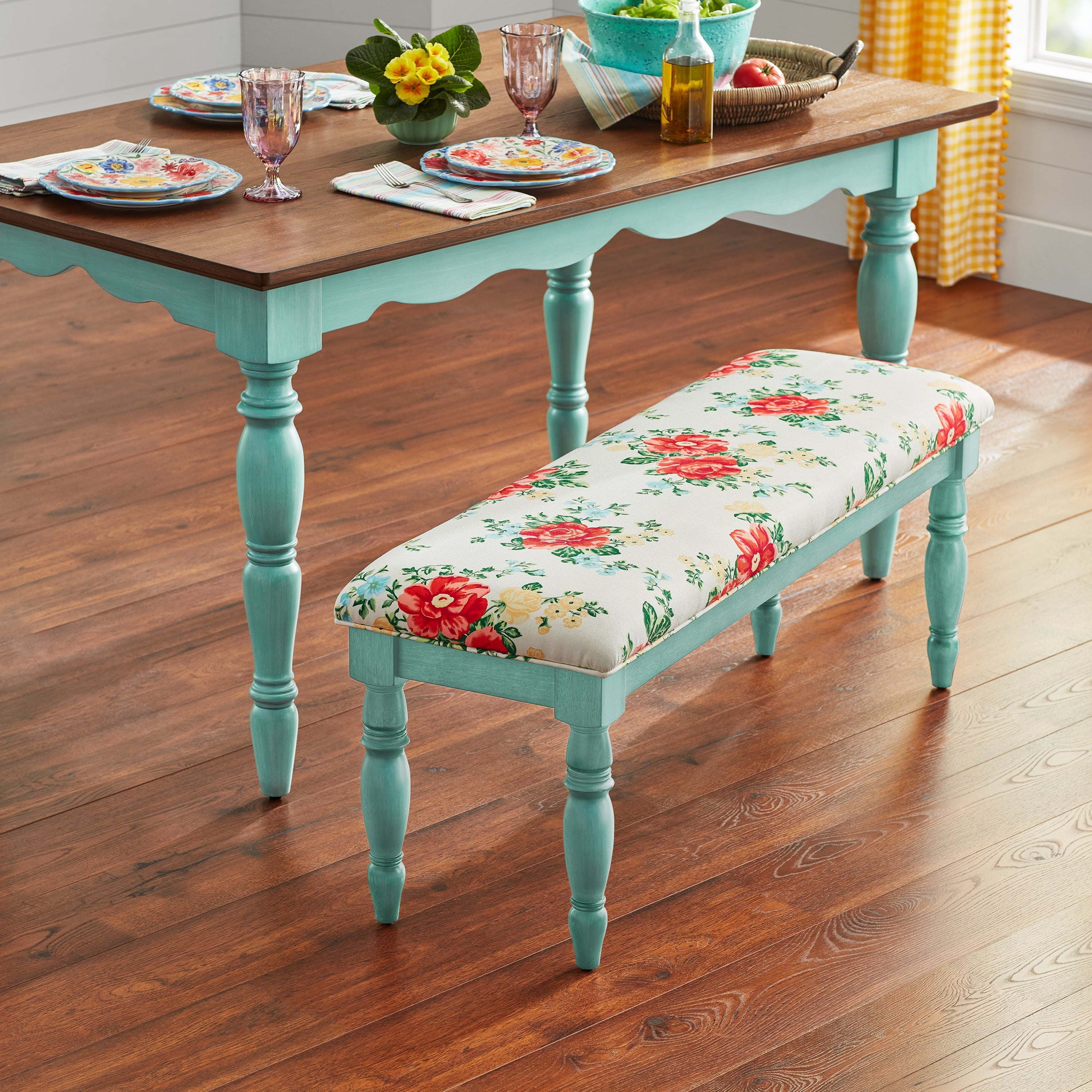 The Pioneer Woman Vintage Floral Dining Bench Made With Solid Wood Frame, Teal