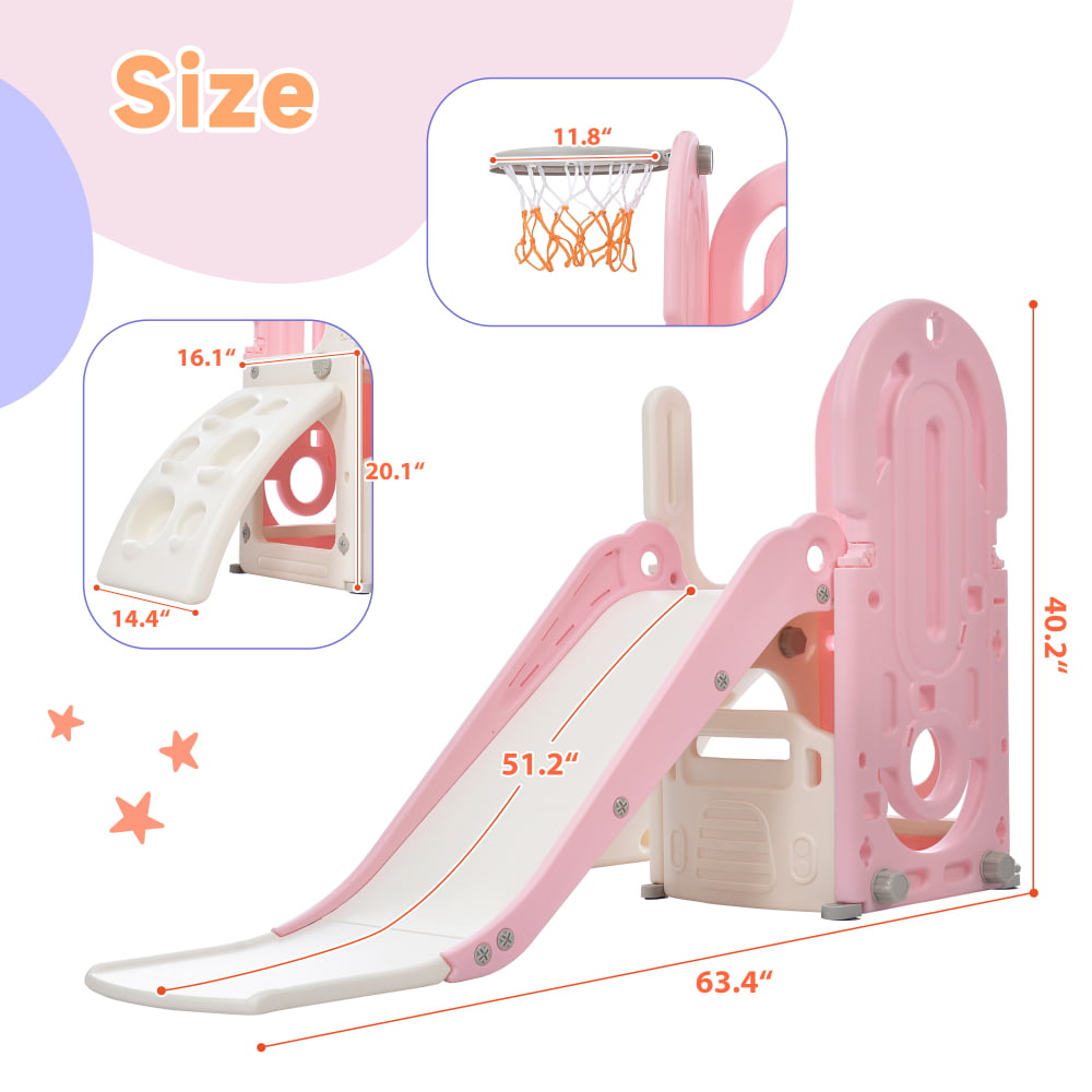 GERI 4 in 1 Toddler Climber and Slide Set with Basketball Hoop,Kids Climber & Bus Playhouse Slide Playse, Pink