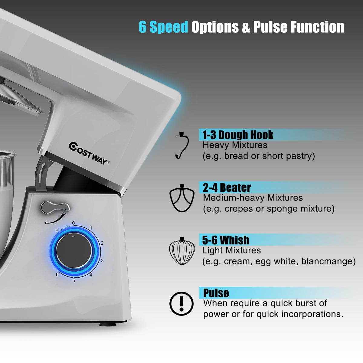 Costway Tilt-Head Stand Mixer 7.5 Qt 6 Speed 660W with Dough Hook, Whisk & Beater Silver