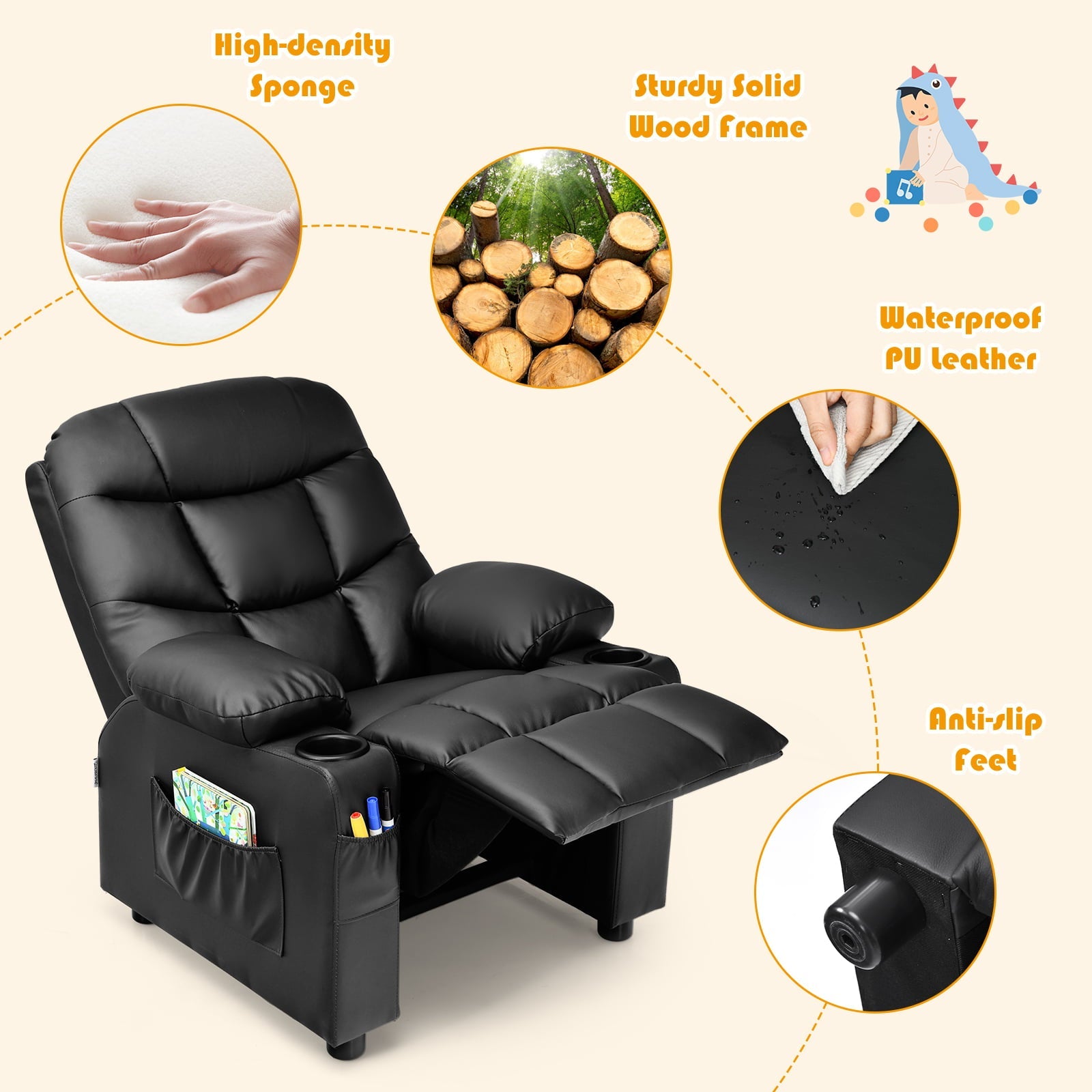 Infans Kids Youth Recliner Chair PU Leather w/Cup Holders & Side Pockets Black