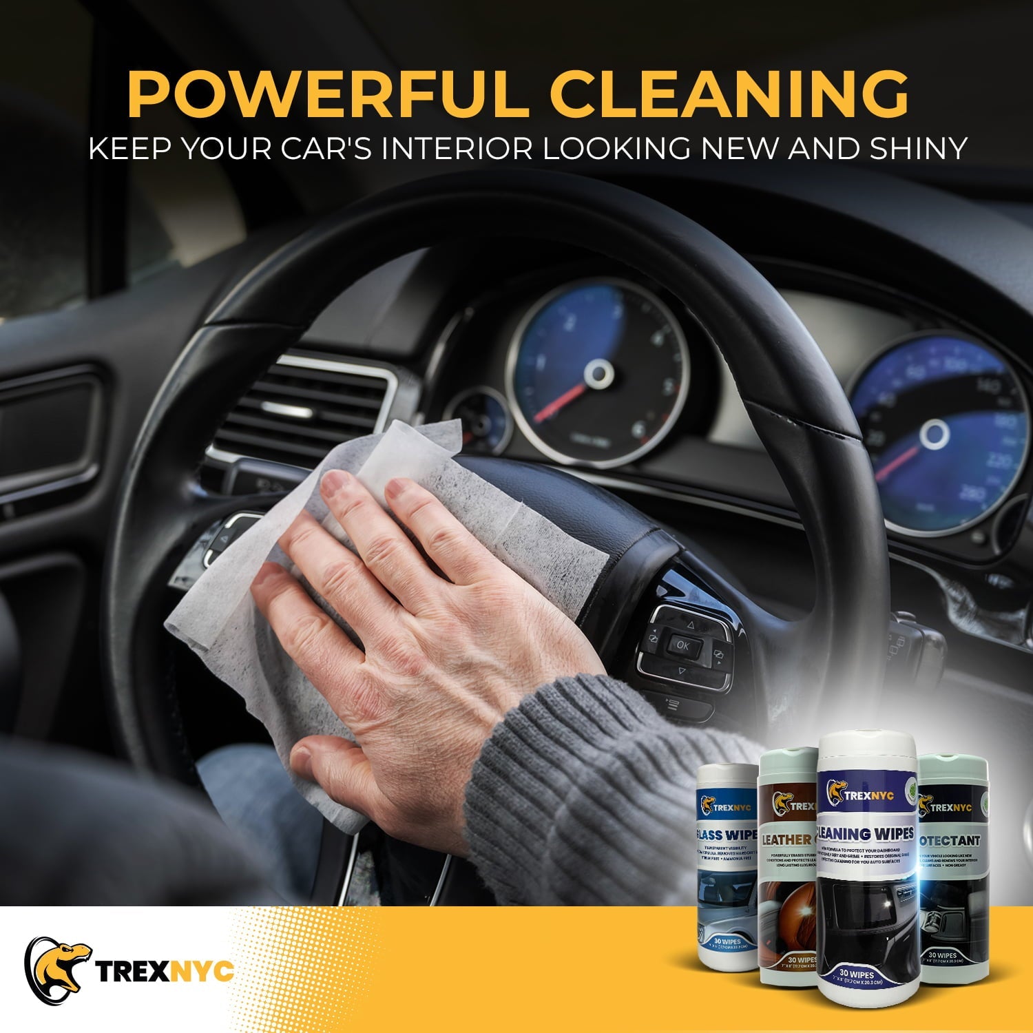 TrexNYC Glass Wipes - Interior Car Wipes, All-In-One Car Wipes & Interior Cleaner - Powerful, Convenient, and E Effective Solution for All Your Car Cleaning Needs