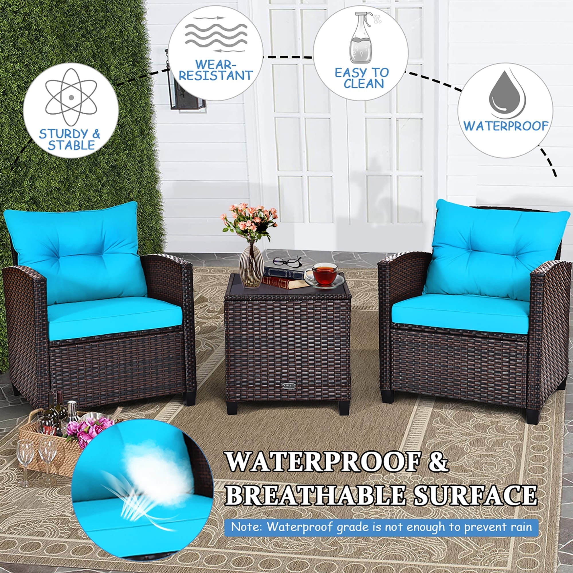 Costway 3PCS Patio Rattan Furniture Set Cushioned Conversation Set Sofa Turquoise