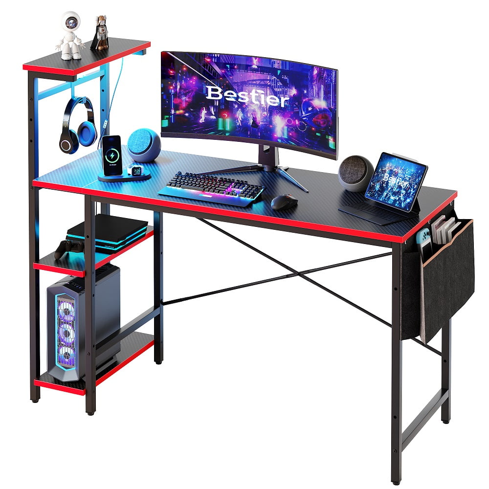 Bestier 52 inch Gaming Computer Desk with LED Lights & Shelves Carbon Fiber, Reversible desk