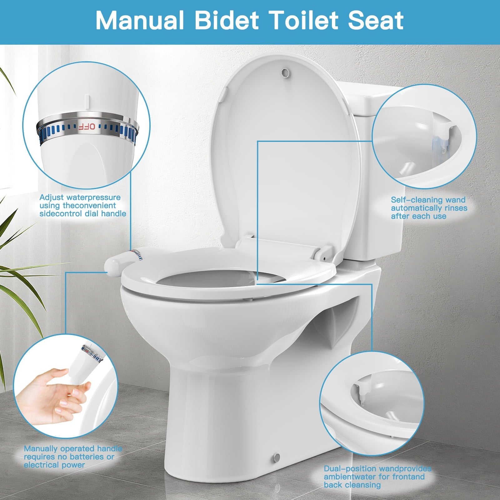 Elongated Manual Bidet Toilet Seat Non Electric, Quick-Release White Quiet-Close Lid, Bidet Seat with Self-Cleaning