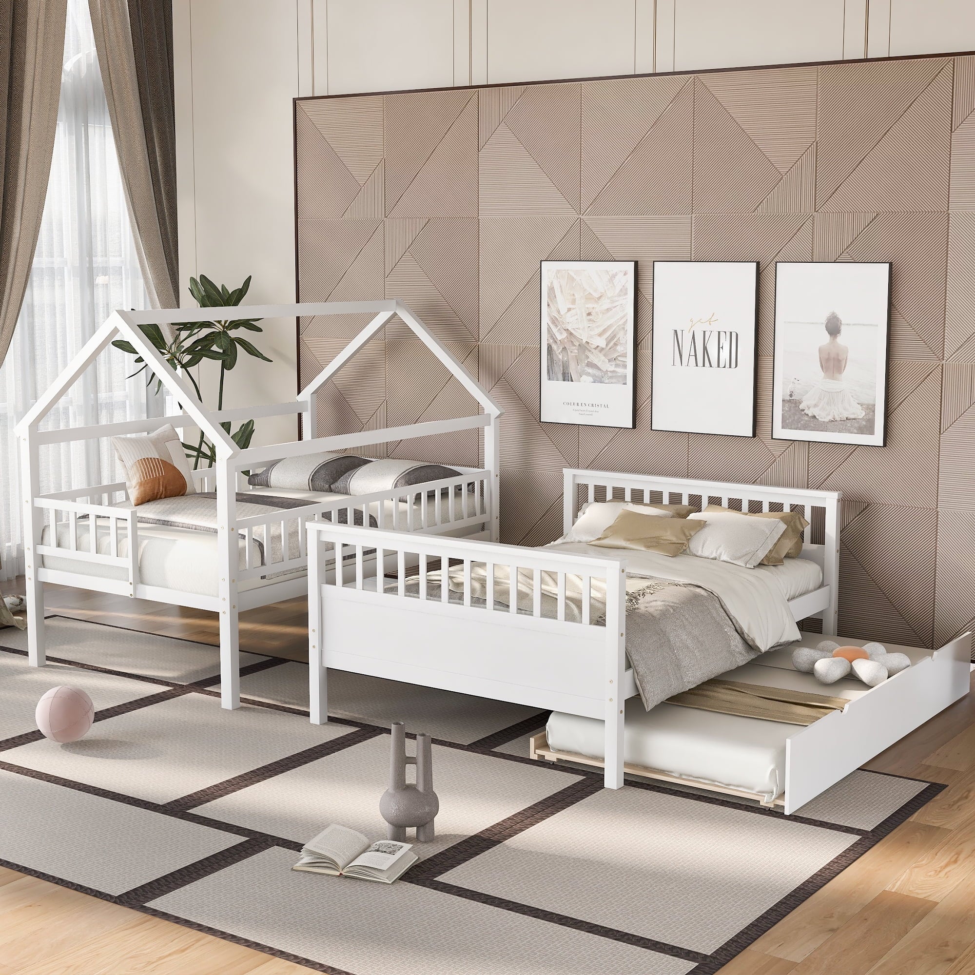 EUROCO Twin over Full House Bunk Bed with Trundle for Kids, Storage Staircase, Divided into 2 Single Platform Beds for Kids or Guests Room, White