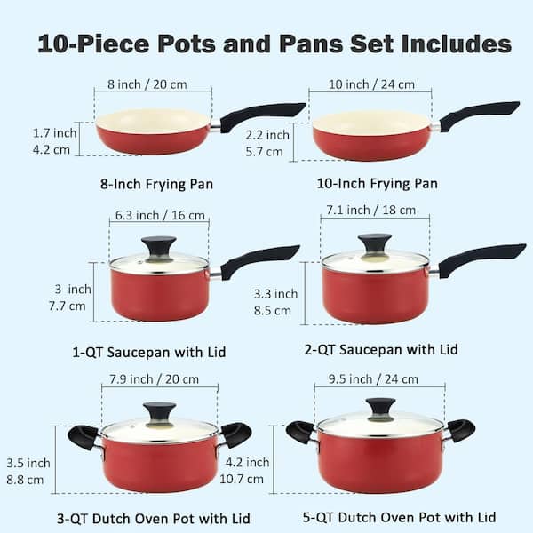 Stay Cool Handle 10-Piece Aluminum Ceramic Nonstick Cookware Set in Red