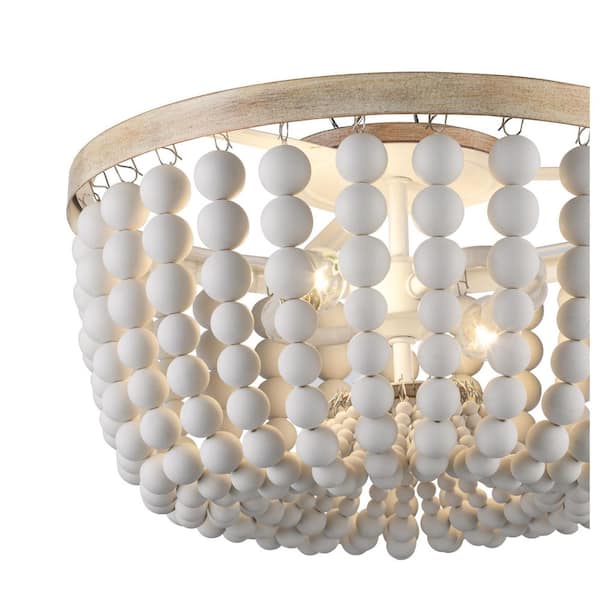 Cayman 13 in. 2-Light White and Faux Wood Beaded Flush Mount Ceiling Light Fixture with White Beaded Shade