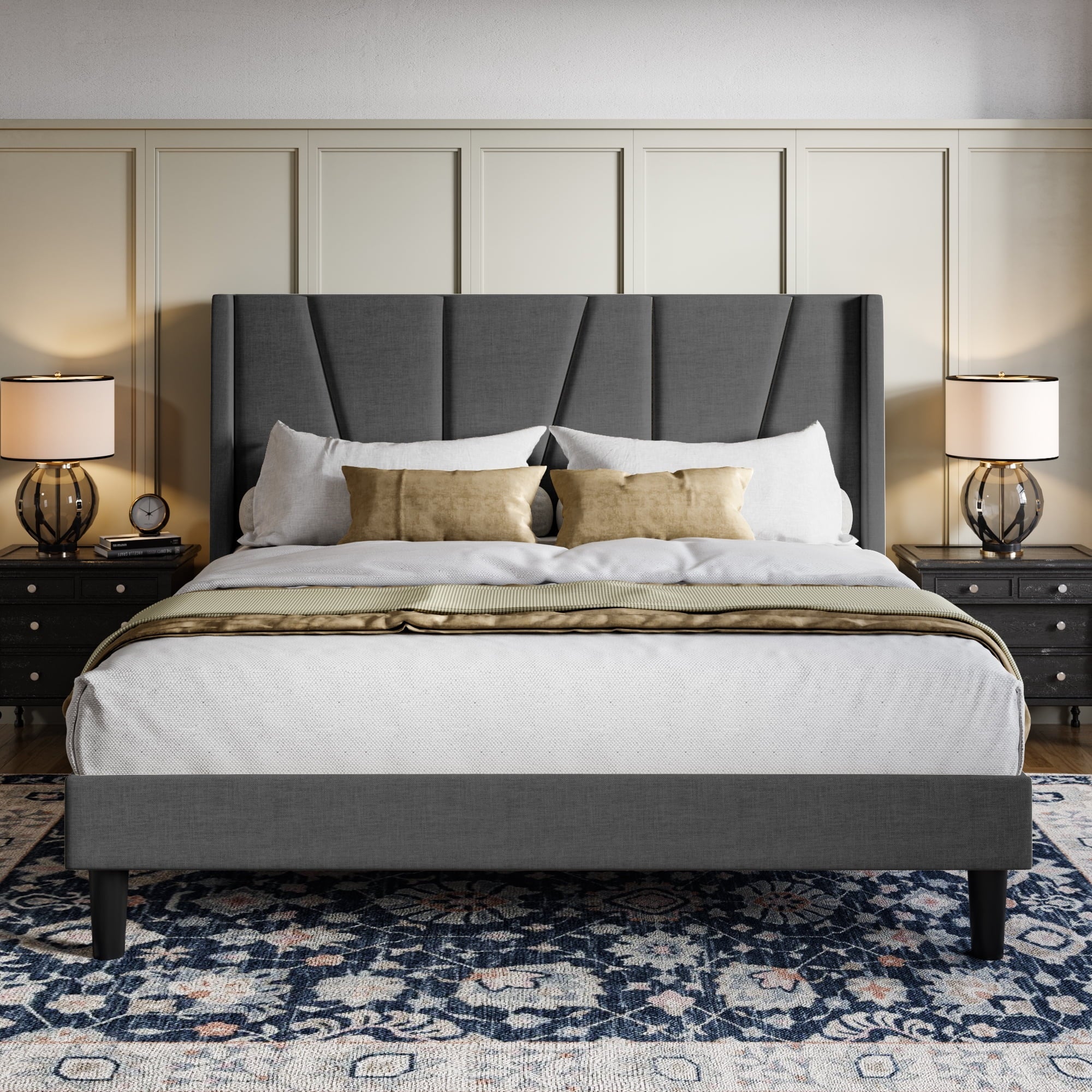 Allewie Queen Size Modern Platform Bed Frame with Upholstered Geometric Wingback Headboard, Grey